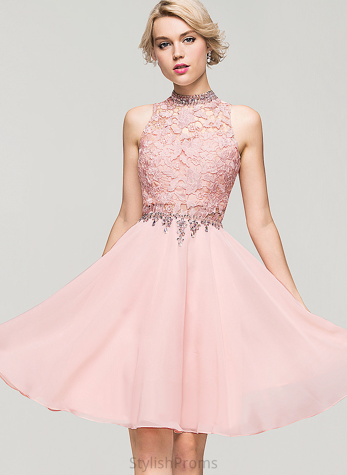 Beading Jaqueline Chiffon Lace Dress Lace A-Line Cocktail Dresses High Cocktail Neck Sequins Knee-Length With