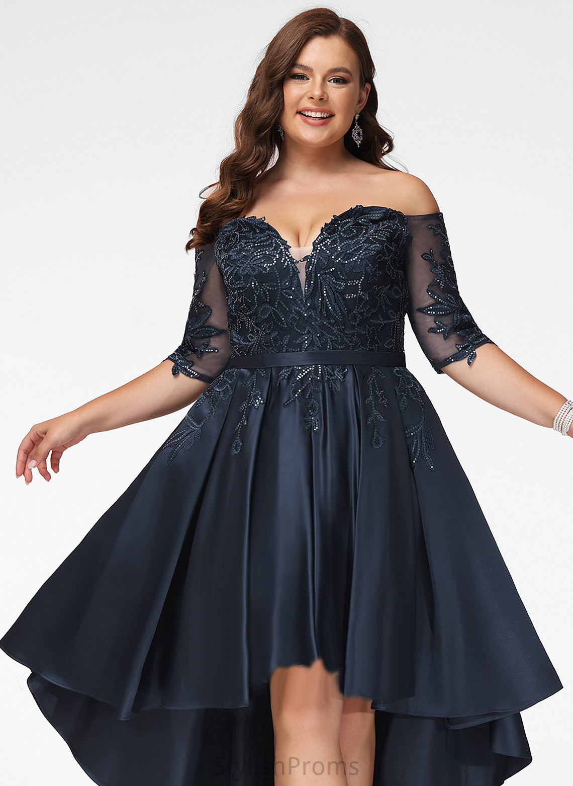 Satin Off-the-Shoulder Asymmetrical A-Line Lace Amaya Prom Dresses