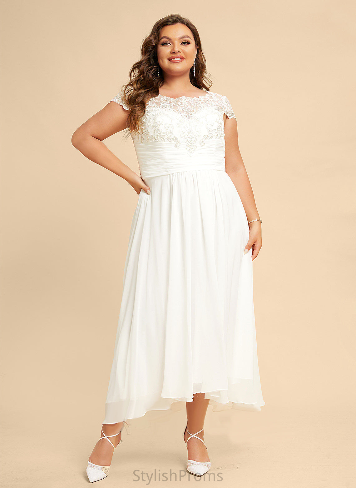 Scoop Wedding Dresses Chiffon Asymmetrical Lace Laney A-Line Dress Wedding Neck