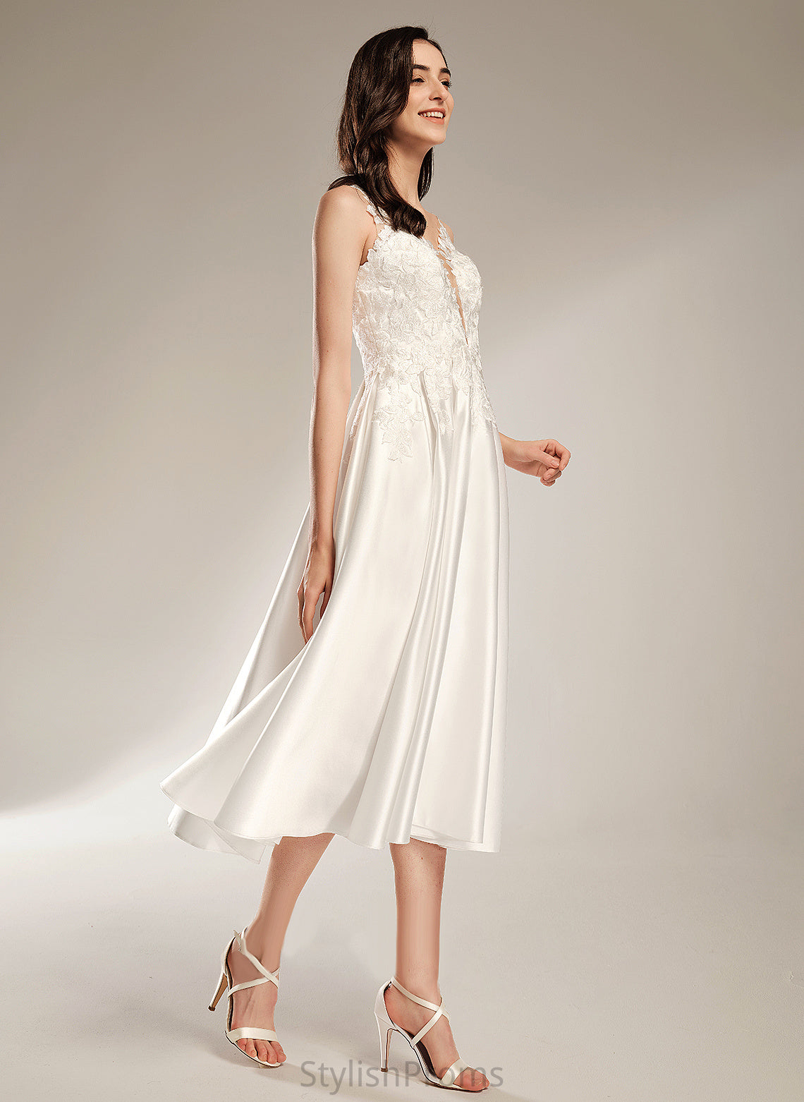 Tea-Length Satin Michaelia A-Line With Wedding Pockets Wedding Dresses Lace Dress V-neck