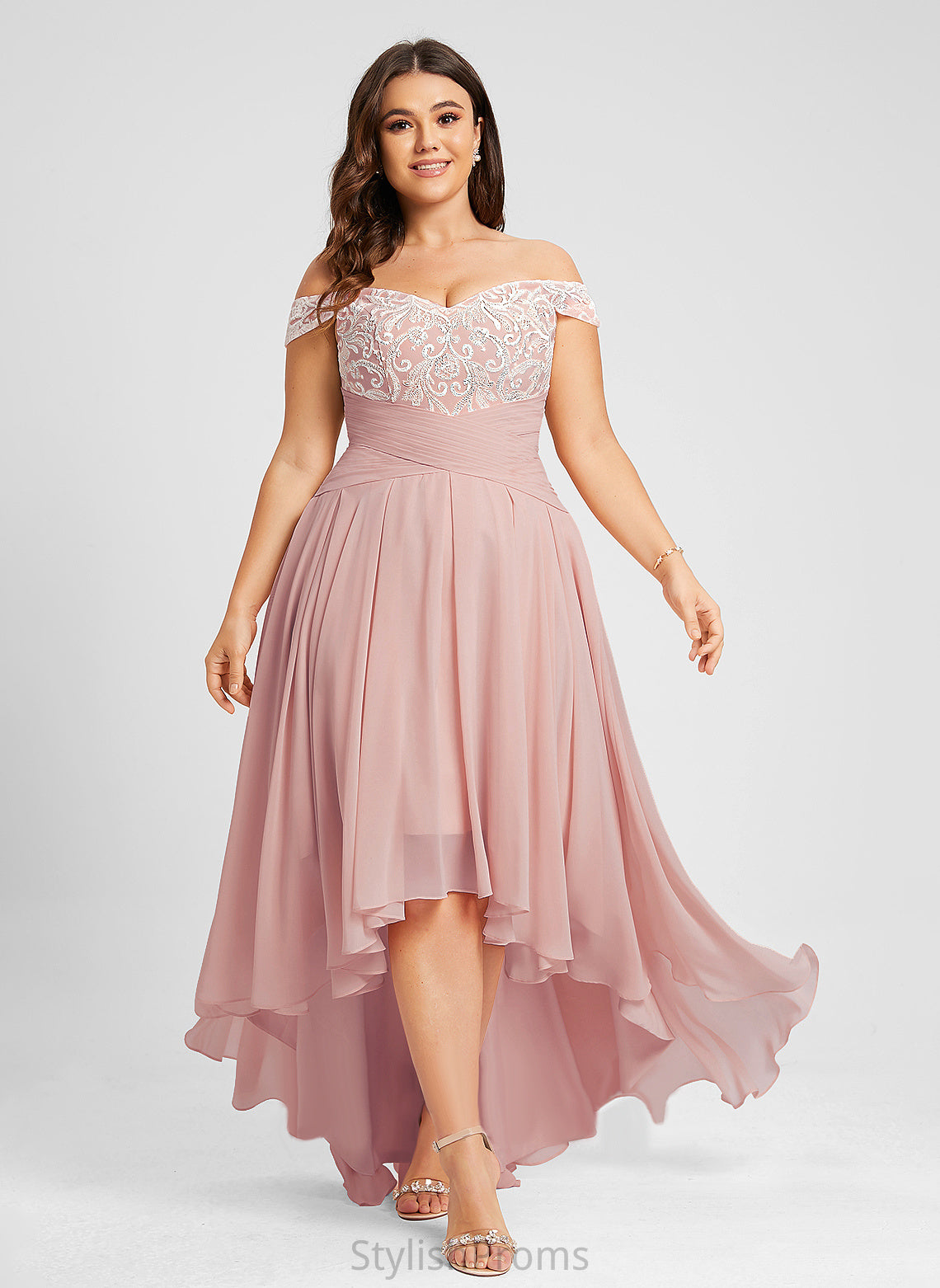 Off-the-Shoulder Asymmetrical Chiffon Prom Dresses Pleated Patti Lace With A-Line