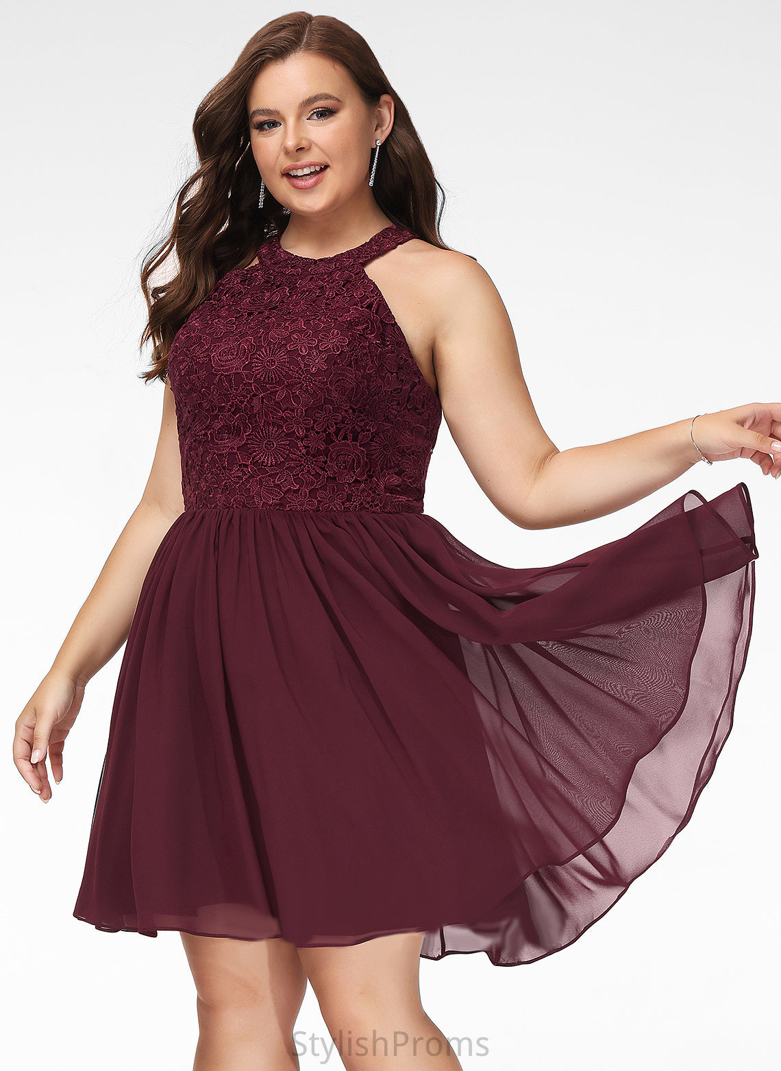 Cocktail Linda Scoop Cocktail Dresses Lace Neck Lace Chiffon With Dress A-Line Short/Mini