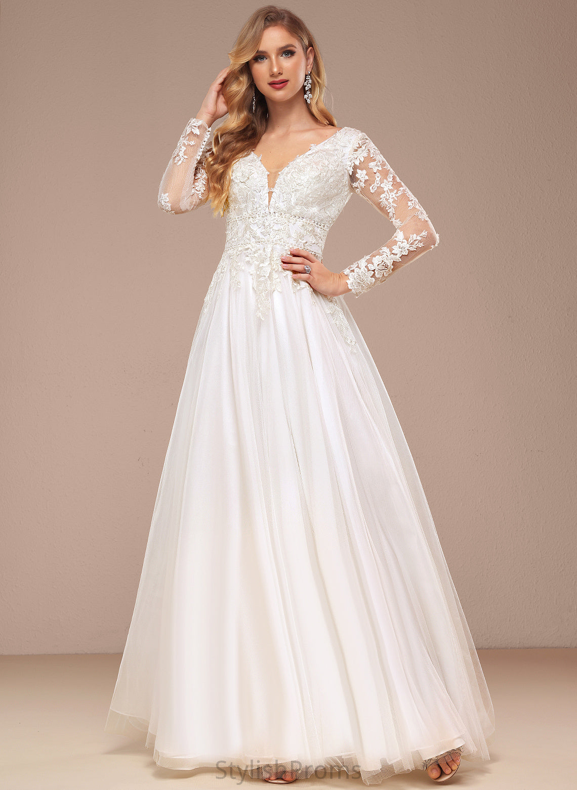 Sequins Beading Tulle Dress Floor-Length Wedding Dresses V-neck A-Line Kyra Lace Wedding With