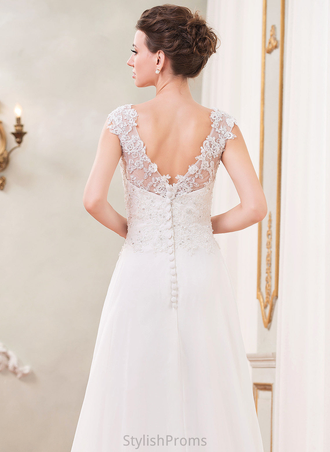 Alexandra Sequins Train Dress Wedding Beading With Lace V-neck Chiffon A-Line Wedding Dresses Sweep