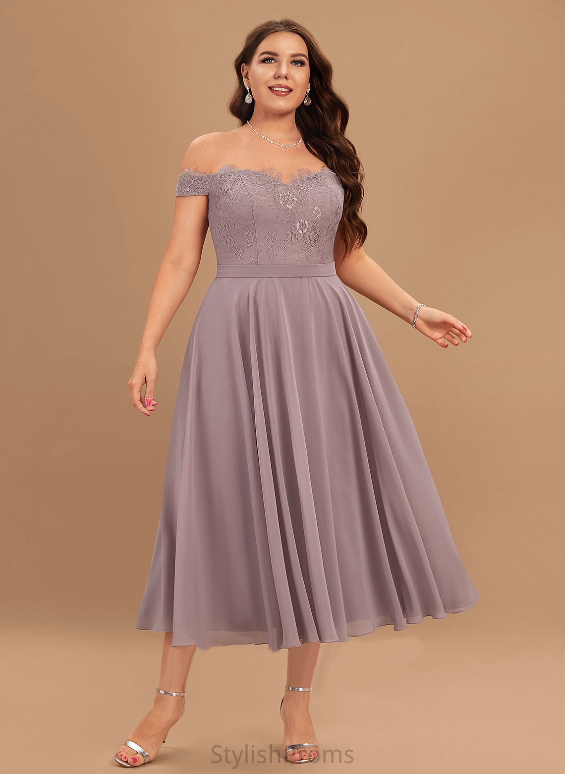 Chiffon Dress Lace Cocktail Dresses With Beading Tea-Length Off-the-Shoulder Cocktail Janiyah A-Line