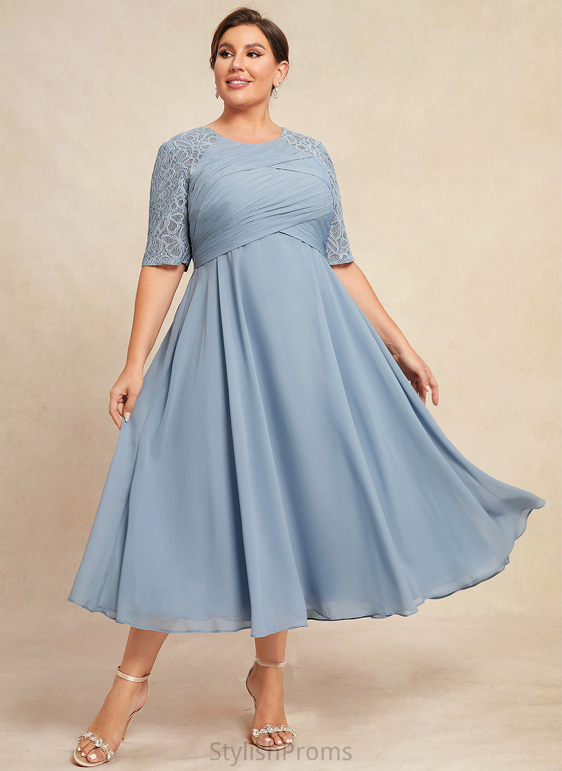 Lace Tea-Length Cocktail Scoop With Dress Cocktail Dresses Neck Chiffon Ruffle Averie A-Line