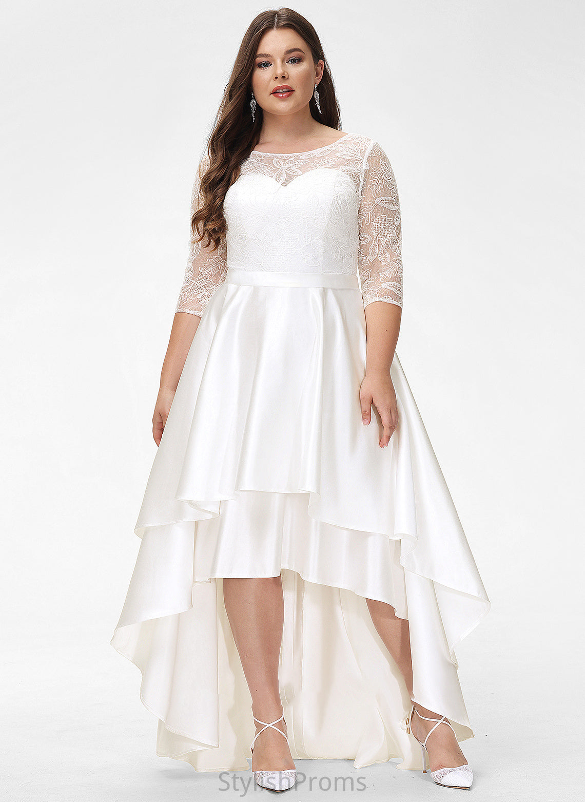 Asymmetrical Wedding Dresses Amari Wedding Neck A-Line Dress Lace Satin Scoop