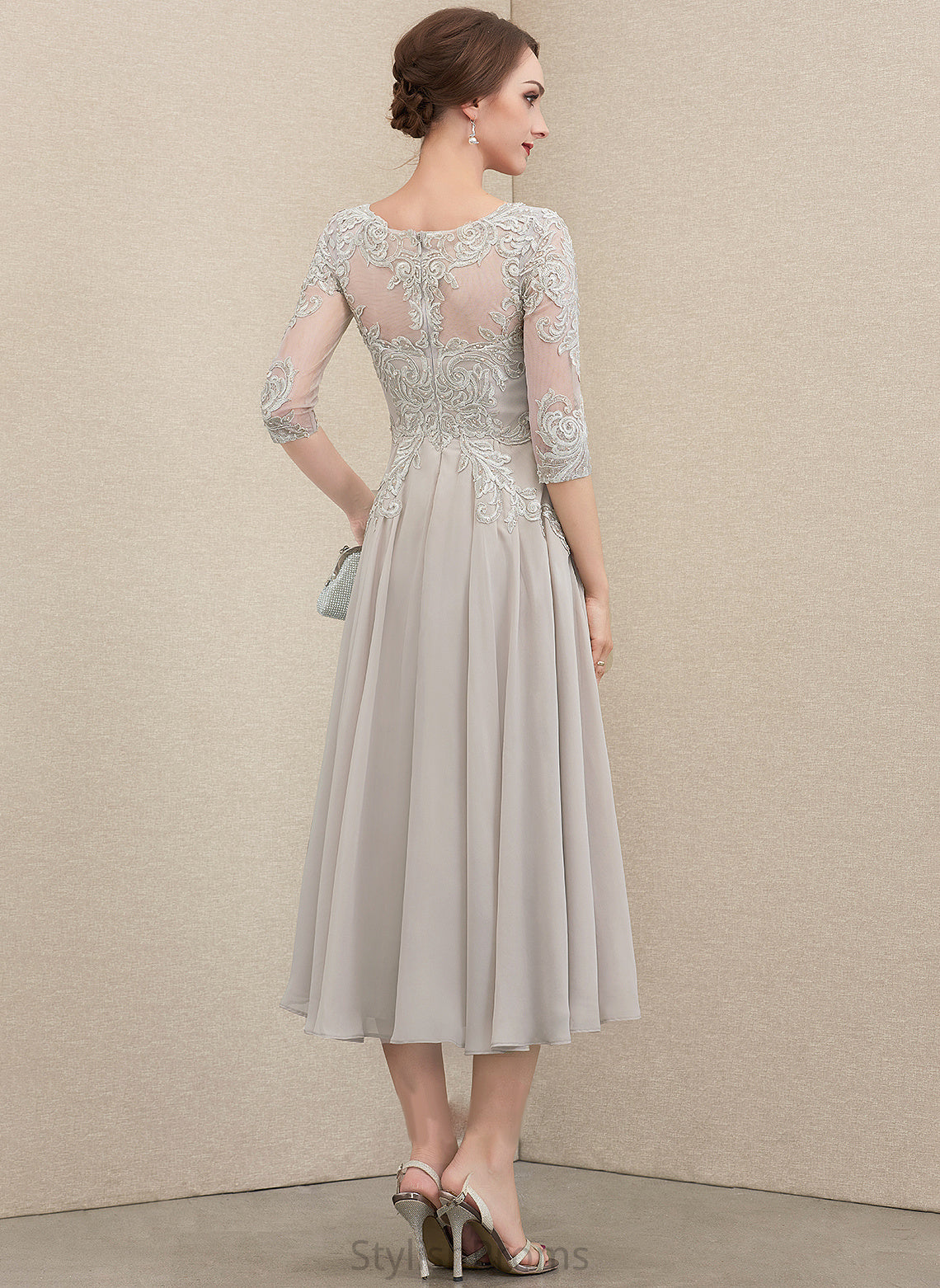 Tea-Length Lace Cocktail A-Line Melany Sequins Cocktail Dresses Scoop Chiffon Neck Dress Beading With