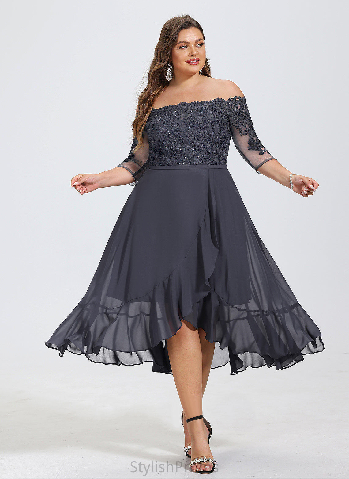 Asymmetrical A-Line Sequins Chiffon Cocktail Lace Dress Stephany Off-the-Shoulder With Cocktail Dresses