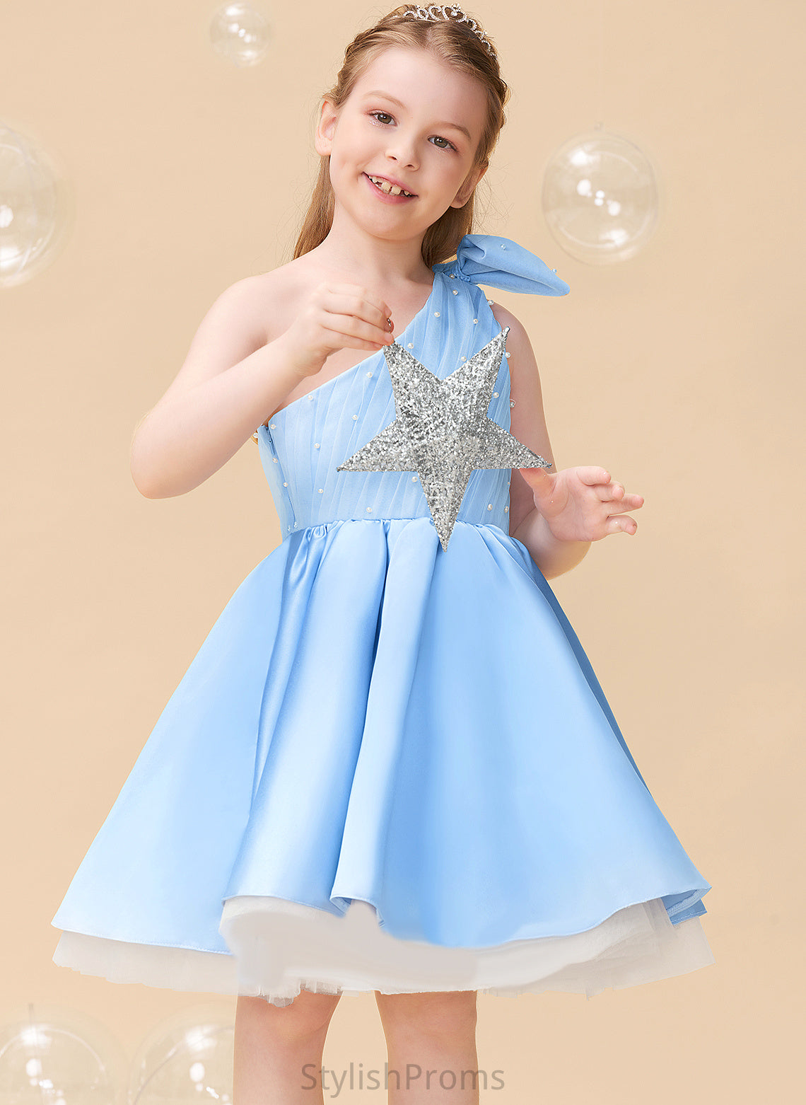 Logan Dress Beading/Bow(s) Knee-length Flower With Sleeveless Girl - Satin/Tulle A-Line One-Shoulder Flower Girl Dresses