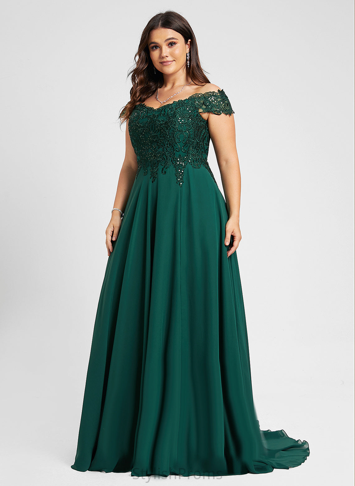 Off-the-Shoulder Chiffon Sweep Lace With Mildred A-Line Sequins Prom Dresses Train