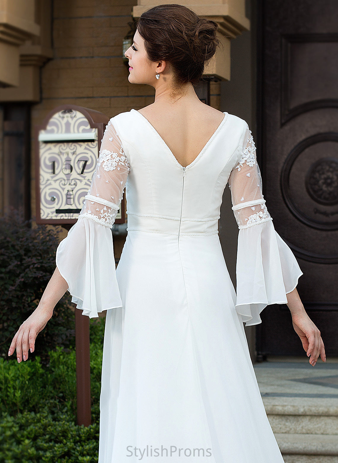 Dress Lace V-neck Wedding Beading Mollie Chiffon Court Wedding Dresses Train A-Line With