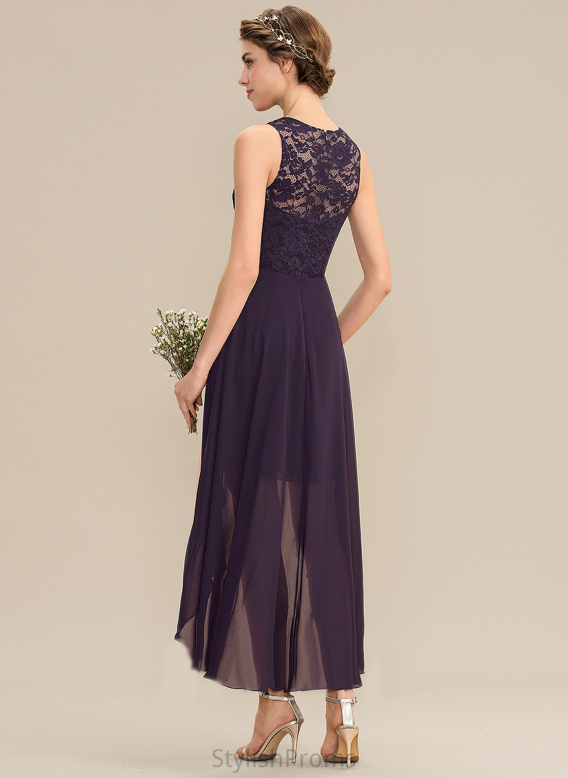 Asymmetrical Lace Cocktail Dresses Scoop Neck Cocktail A-Line Dress Chiffon Marian