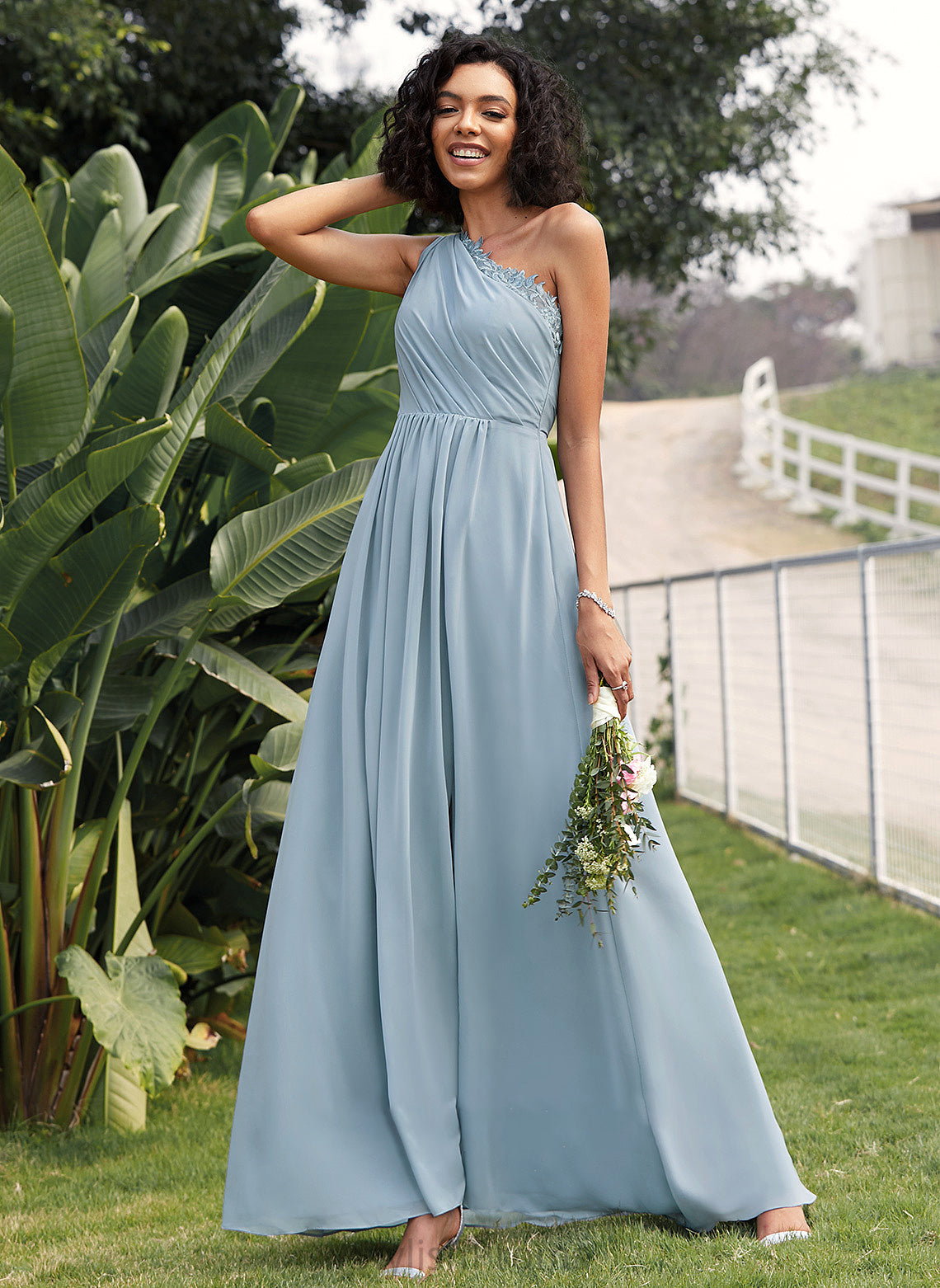 Sequins One-Shoulder Silhouette Length Neckline Floor-Length Embellishment Lace A-Line Fabric Evangeline Trumpet/Mermaid Bridesmaid Dresses