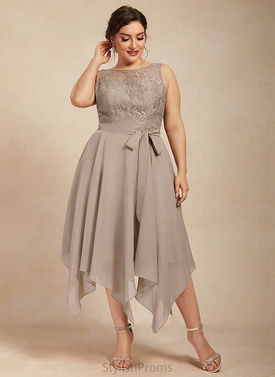 Chiffon Neck Asia Tea-Length Cocktail Dresses Bow(s) Scoop Dress Cocktail A-Line With Lace