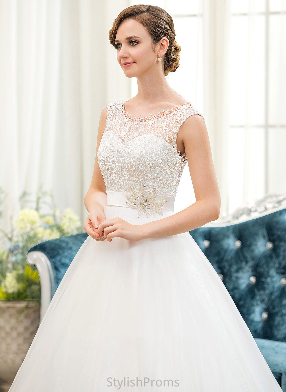 Ball-Gown/Princess Organza Train Lorena Neck Dress Scoop Lace With Sequins Beading Sweep Wedding Wedding Dresses