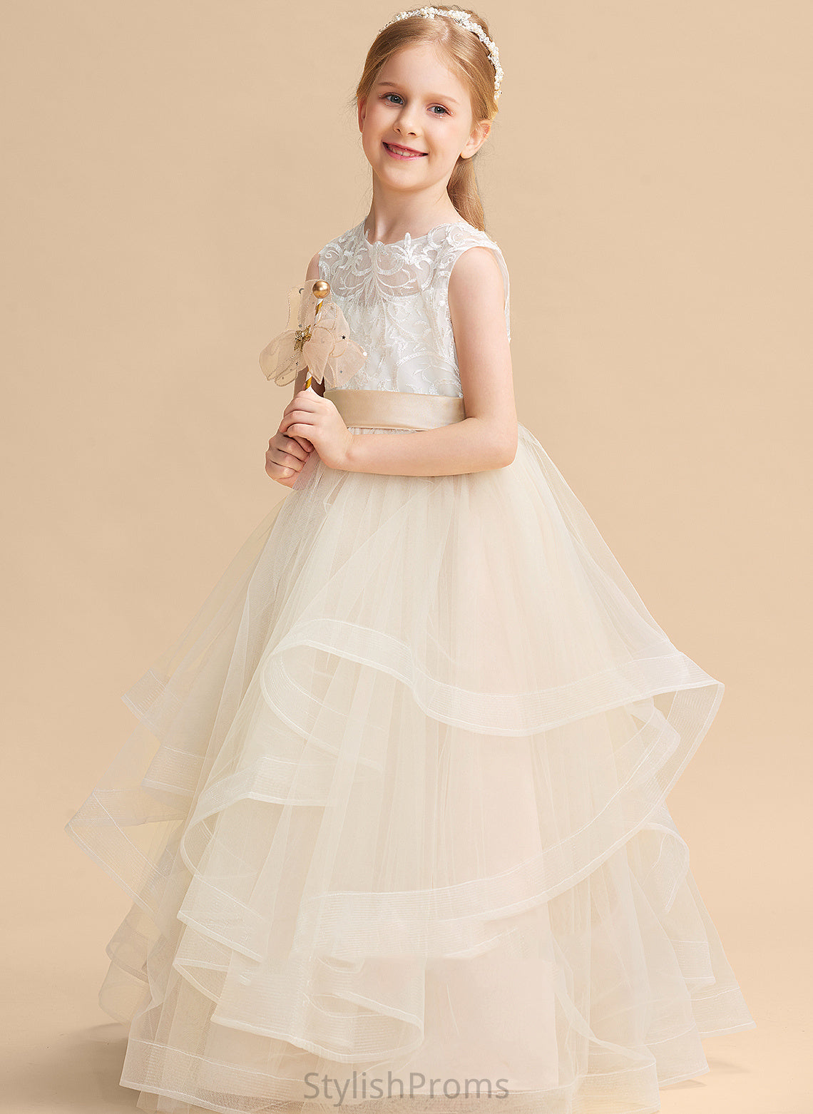 Ball-Gown/Princess Flower Floor-length Neck Flower Girl Dresses Girl - Tulle/Lace Scoop Sleeveless Campbell Dress