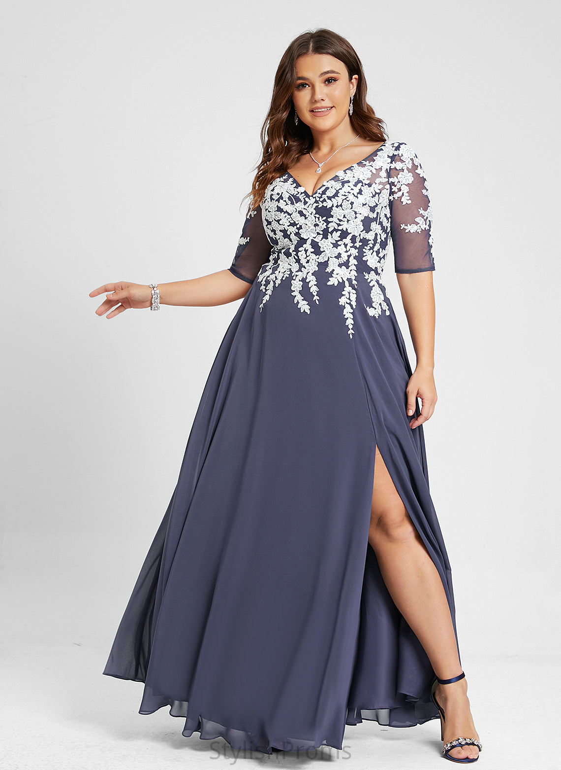 Aliza V-neck A-Line Chiffon Prom Dresses Floor-Length Lace