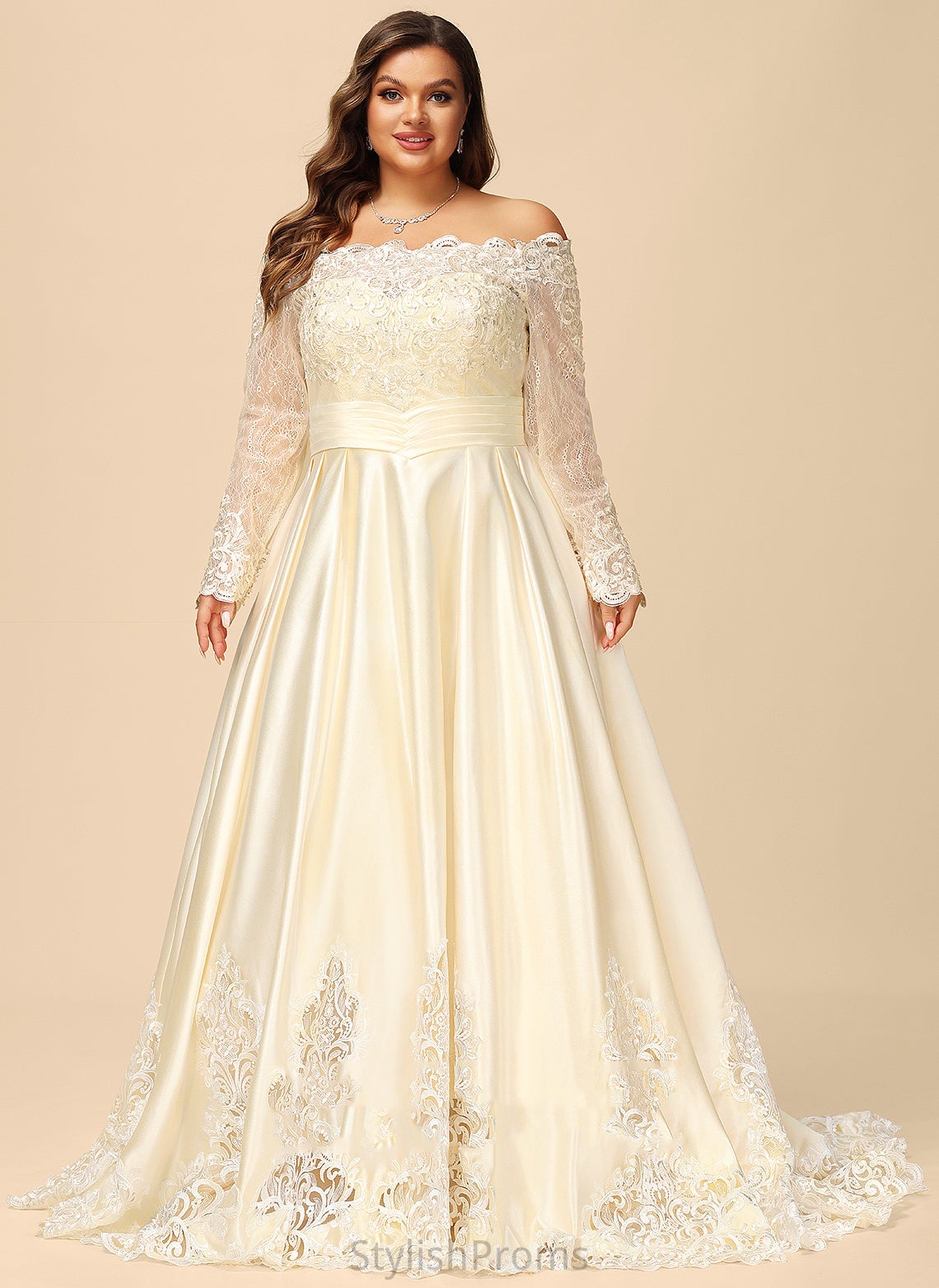 Beading Sequins Dress Wedding Dresses Sweep Wedding Satin Ball-Gown/Princess Abigayle Train Off-the-Shoulder With Lace