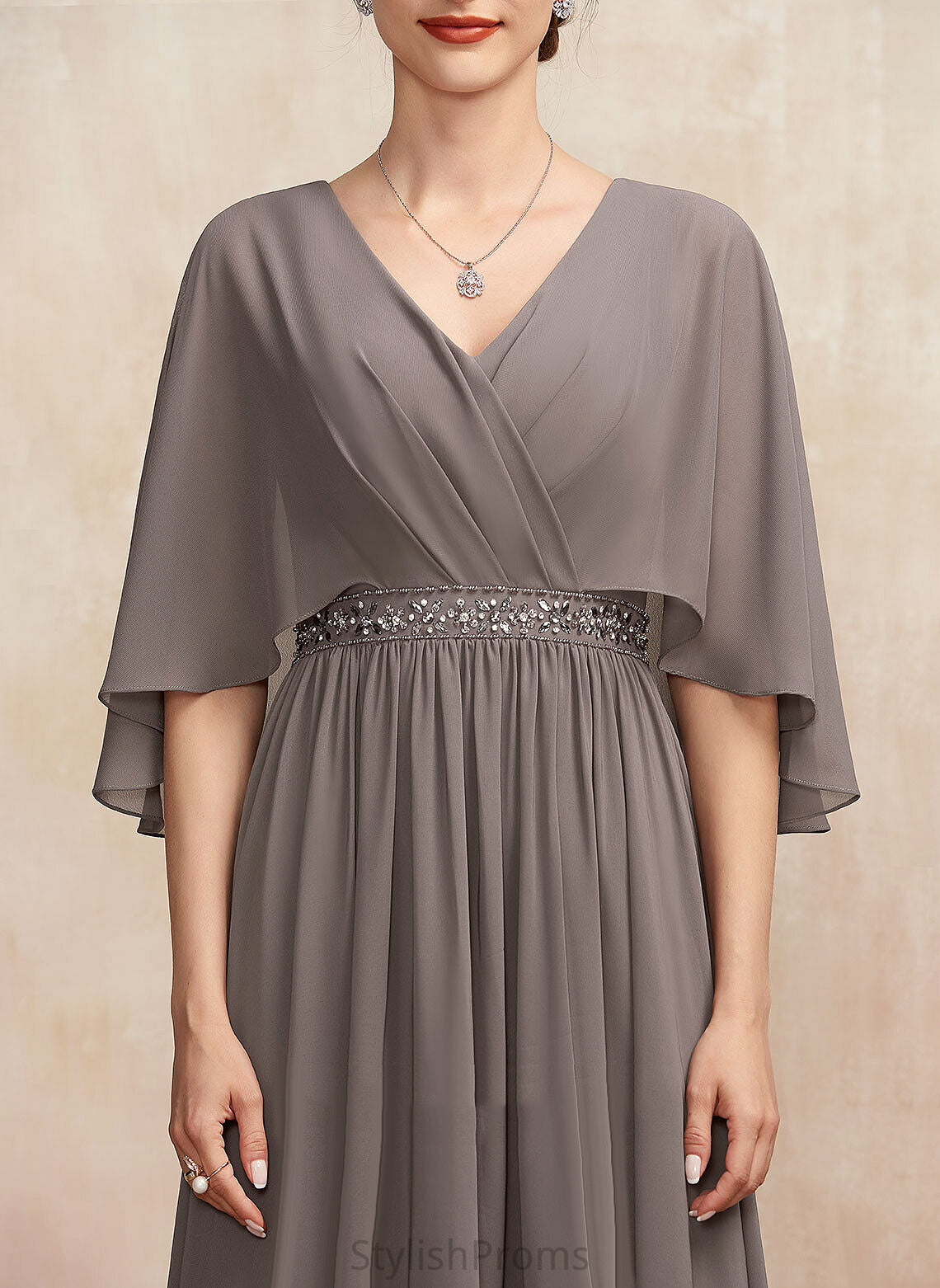 Paulina Ankle-Length Cocktail Dresses V-neck A-Line Cocktail Ruffle Beading Dress Chiffon With