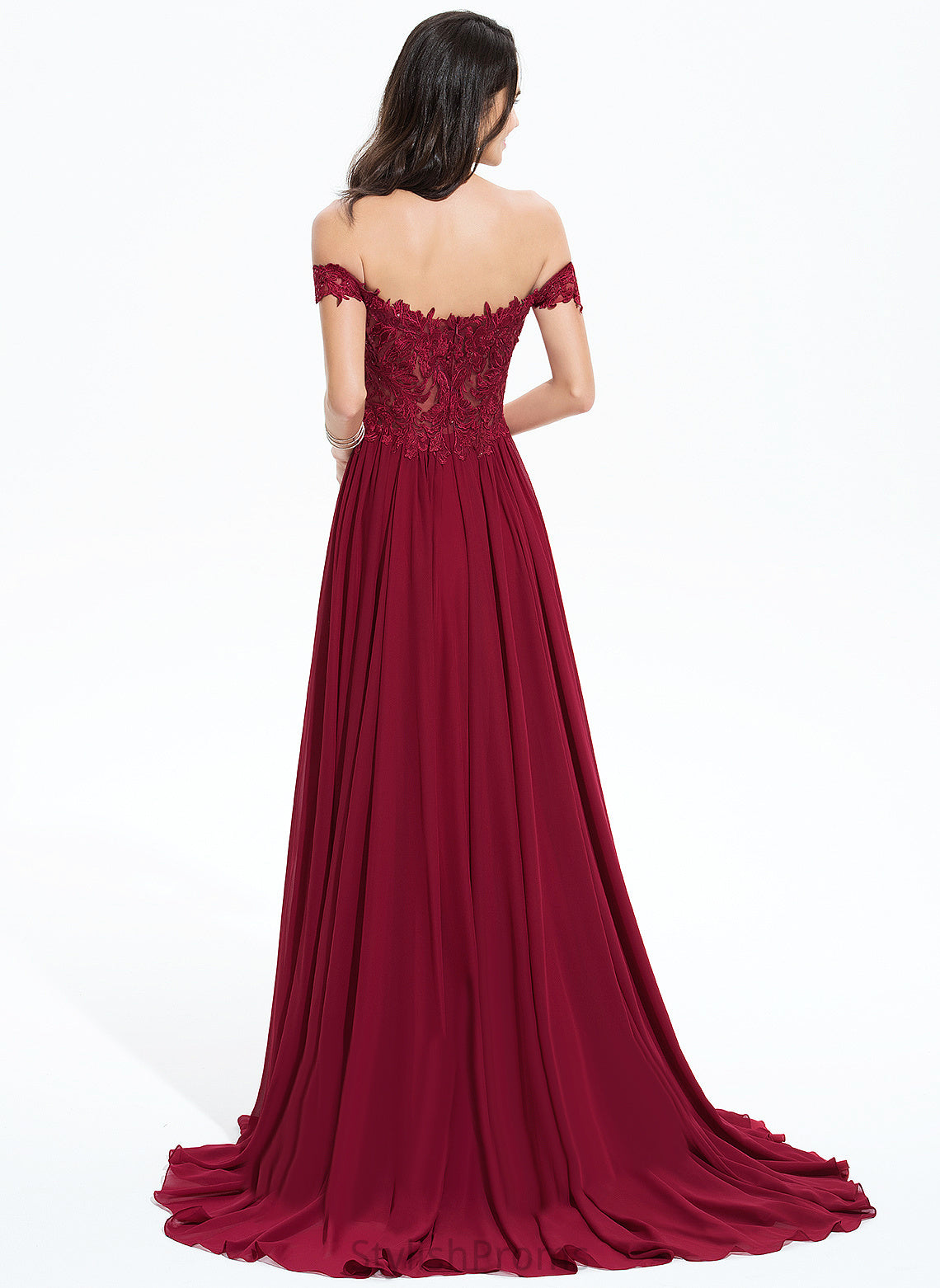 A-Line With Train Sweep Prom Dresses Off-the-Shoulder Sequins Lilyana Chiffon Lace