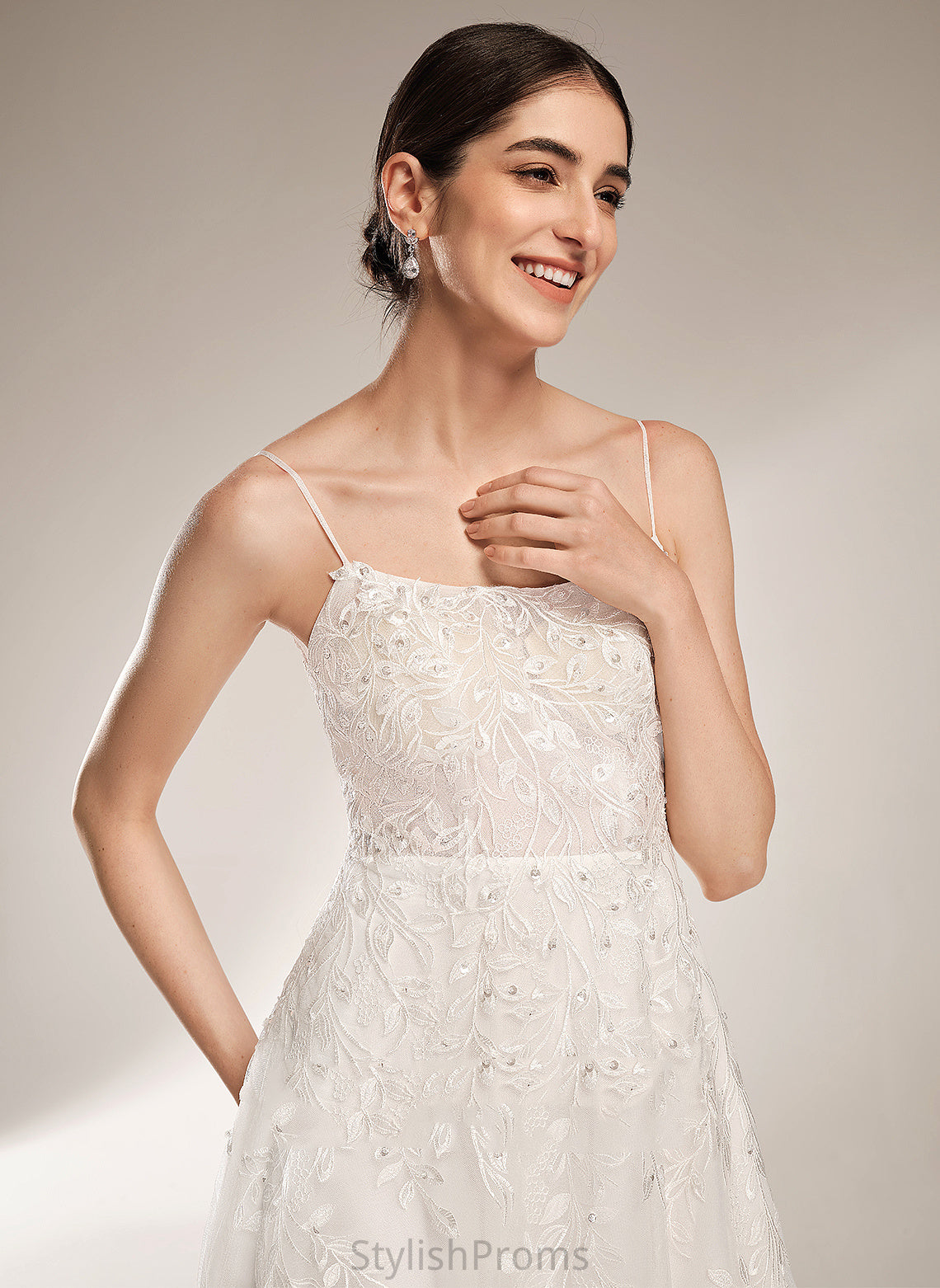 Dress Sequins Beading Tulle A-Line Lace Train Ciara Neckline With Wedding Court Square Wedding Dresses