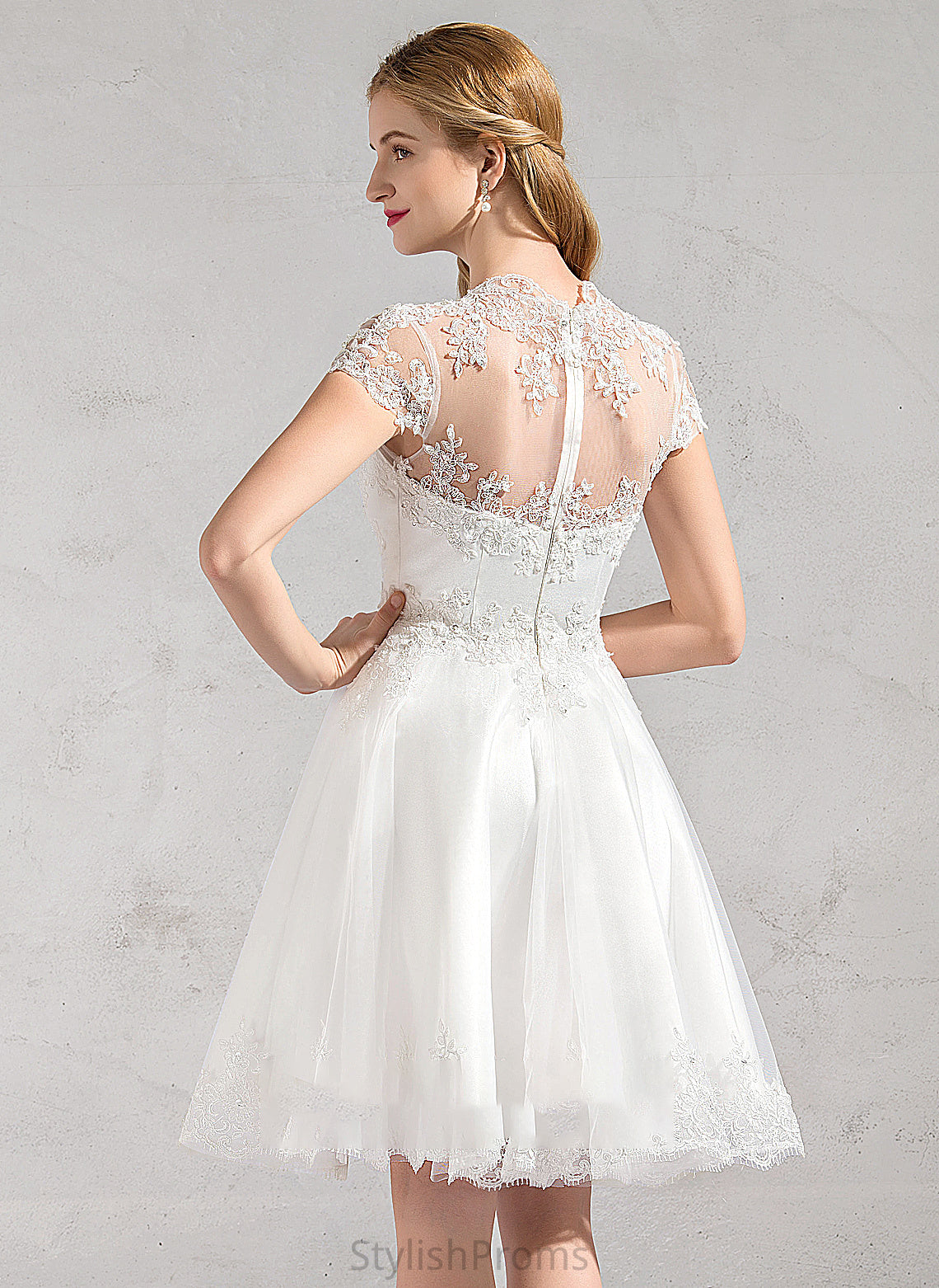 With Sequins A-Line V-neck Knee-Length Wedding Dresses Lace Lace Wedding Beading Dress Tulle Haylie Appliques