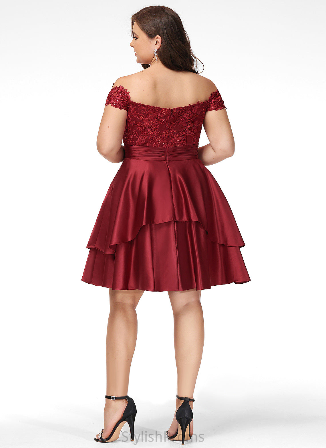 Cocktail Satin With Cocktail Dresses Knee-Length Lace A-Line Sequins Off-the-Shoulder Dress Maleah