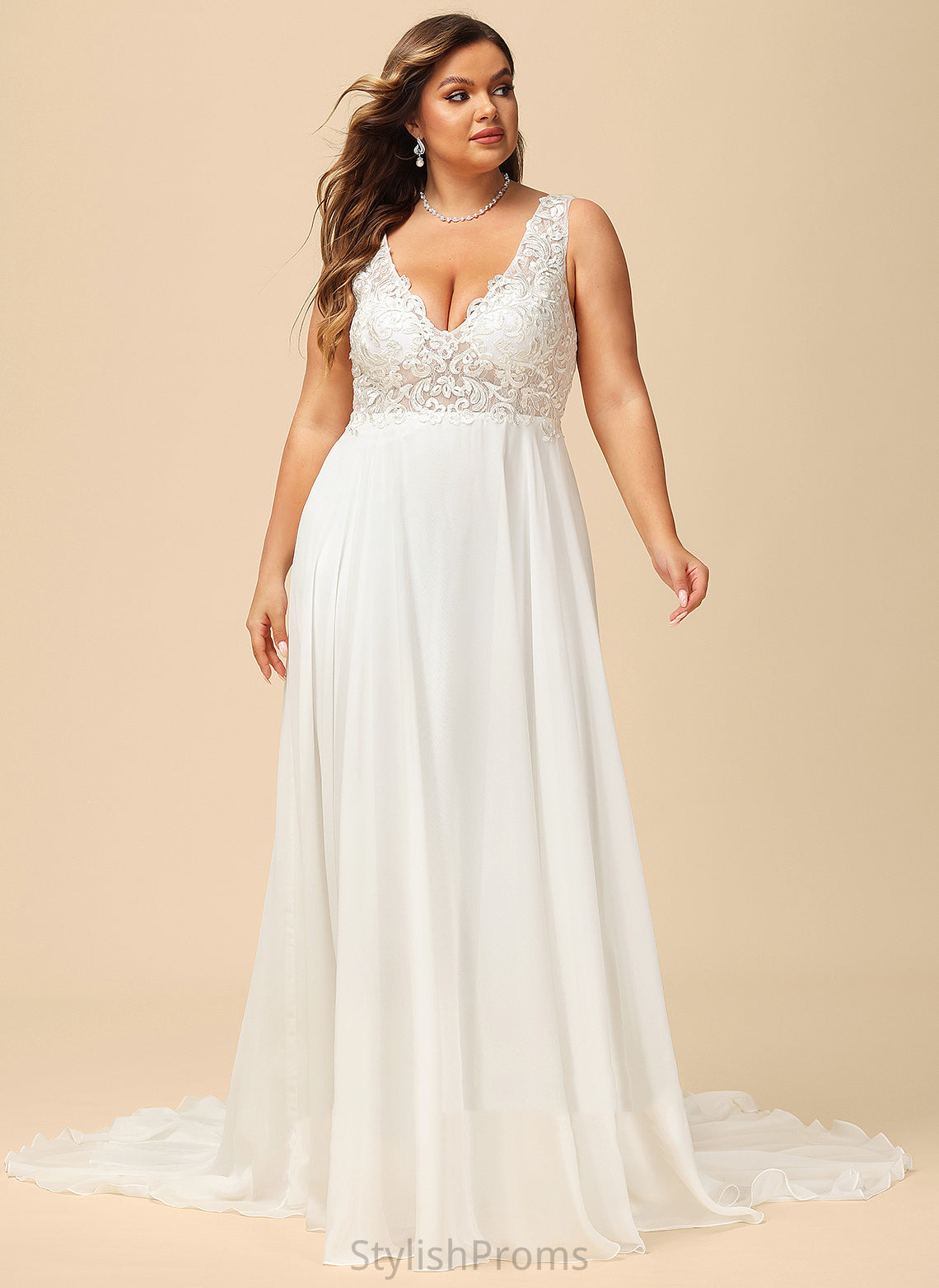 Gabrielle V-neck Wedding Dresses Dress Court Lace A-Line Chiffon Wedding Train