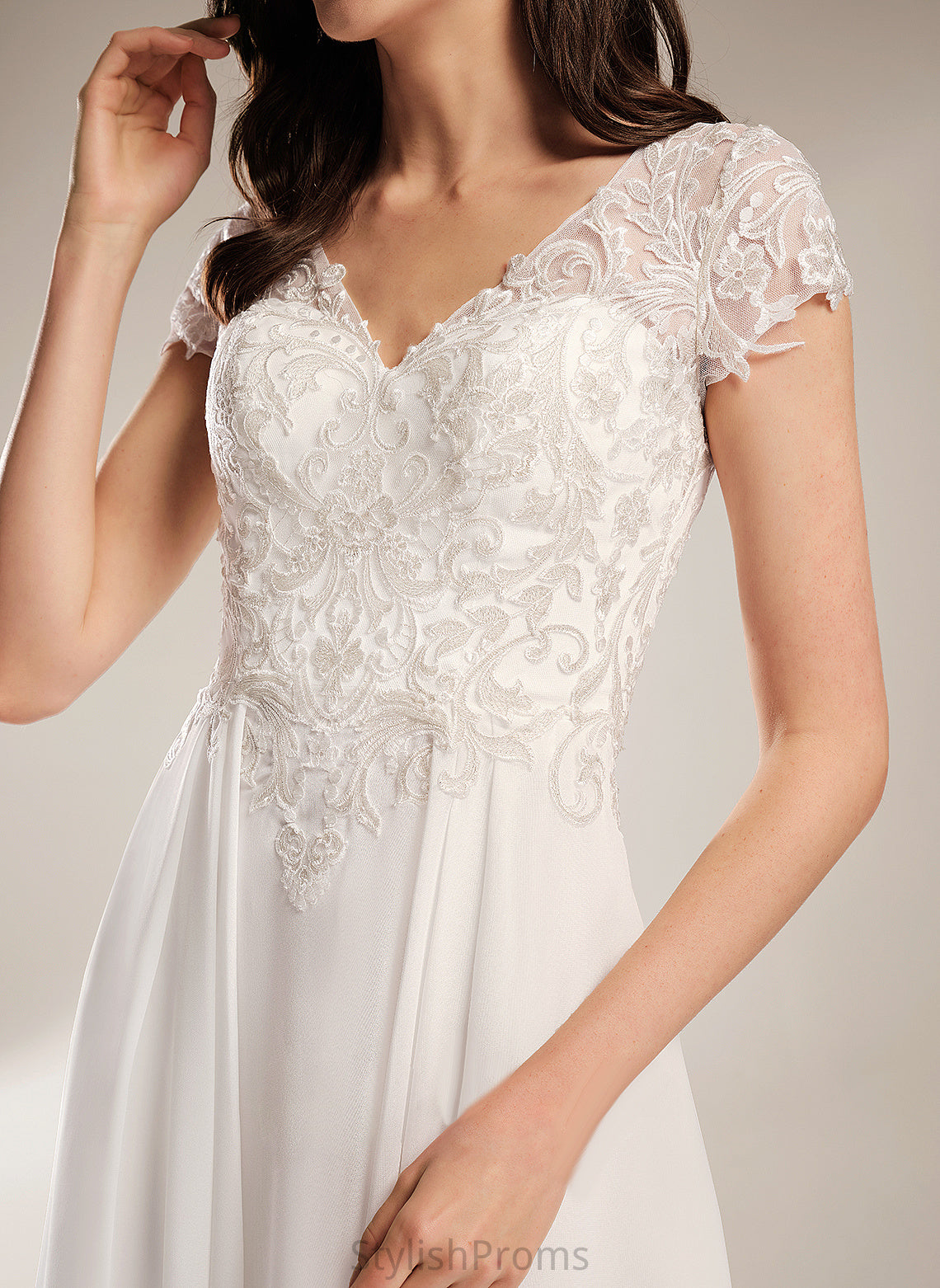 Chiffon A-Line Asymmetrical V-neck Wedding Lace Olympia Dress Wedding Dresses