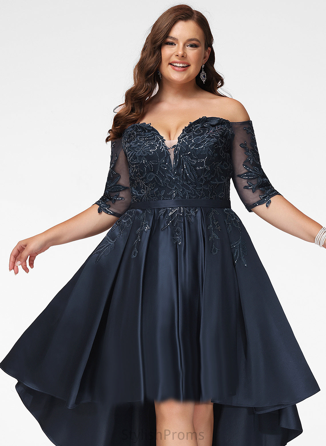 Sequins Off-the-Shoulder Asymmetrical Prom Dresses Destinee With Lace Satin A-Line