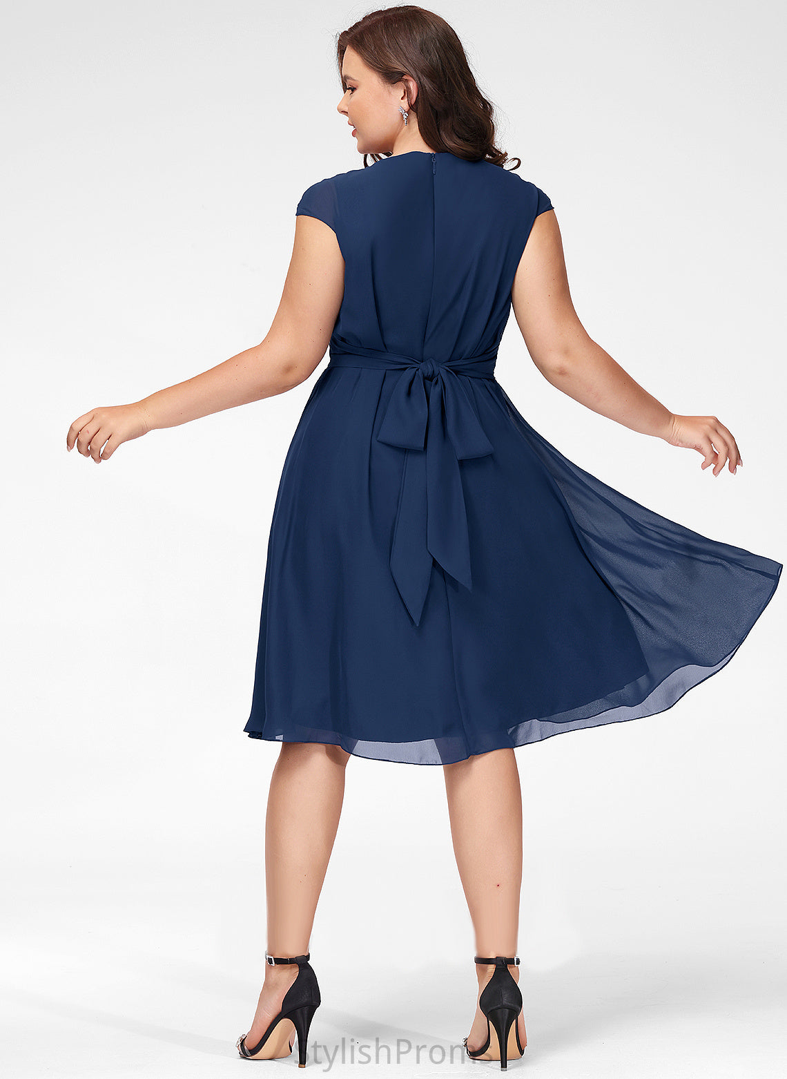 Ruffle Chiffon Cocktail A-Line Sahna Dress V-neck With Cocktail Dresses Knee-Length