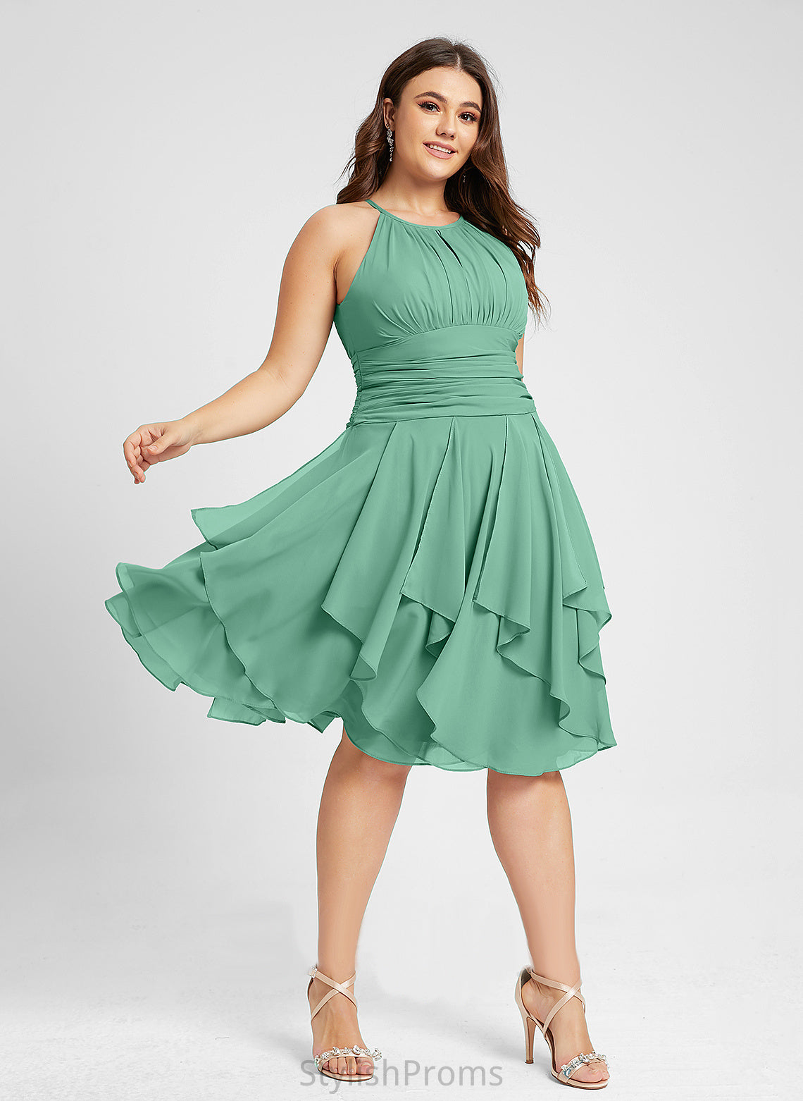 Elisabeth Ruffles Chiffon Scoop Cocktail Dresses Cocktail Neck Ruffle Dress Cascading Knee-Length With A-Line