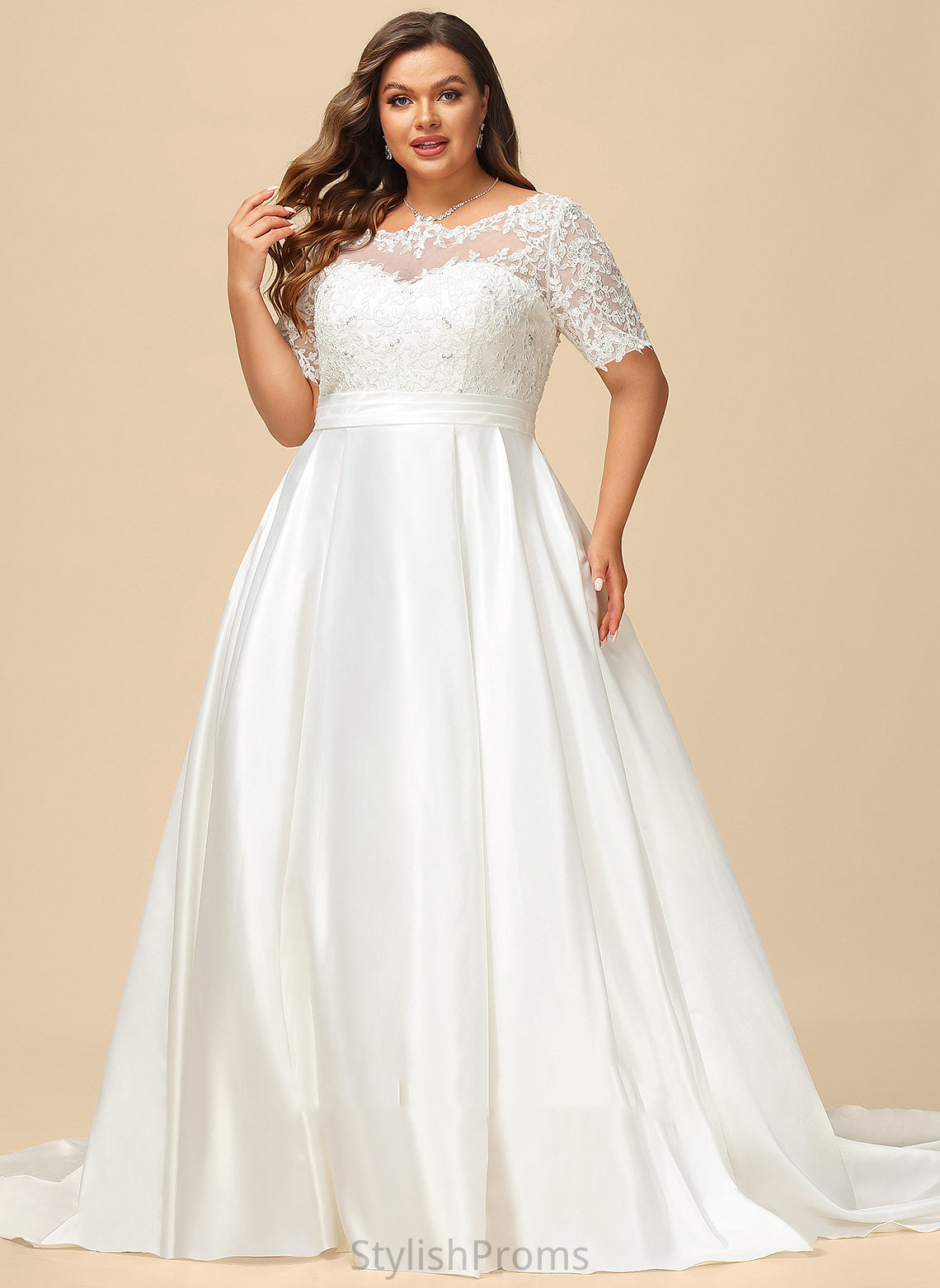 Beading Court Wedding Dresses Kiera Lace Wedding Sequins Train Pockets Satin With Dress Ball-Gown/Princess