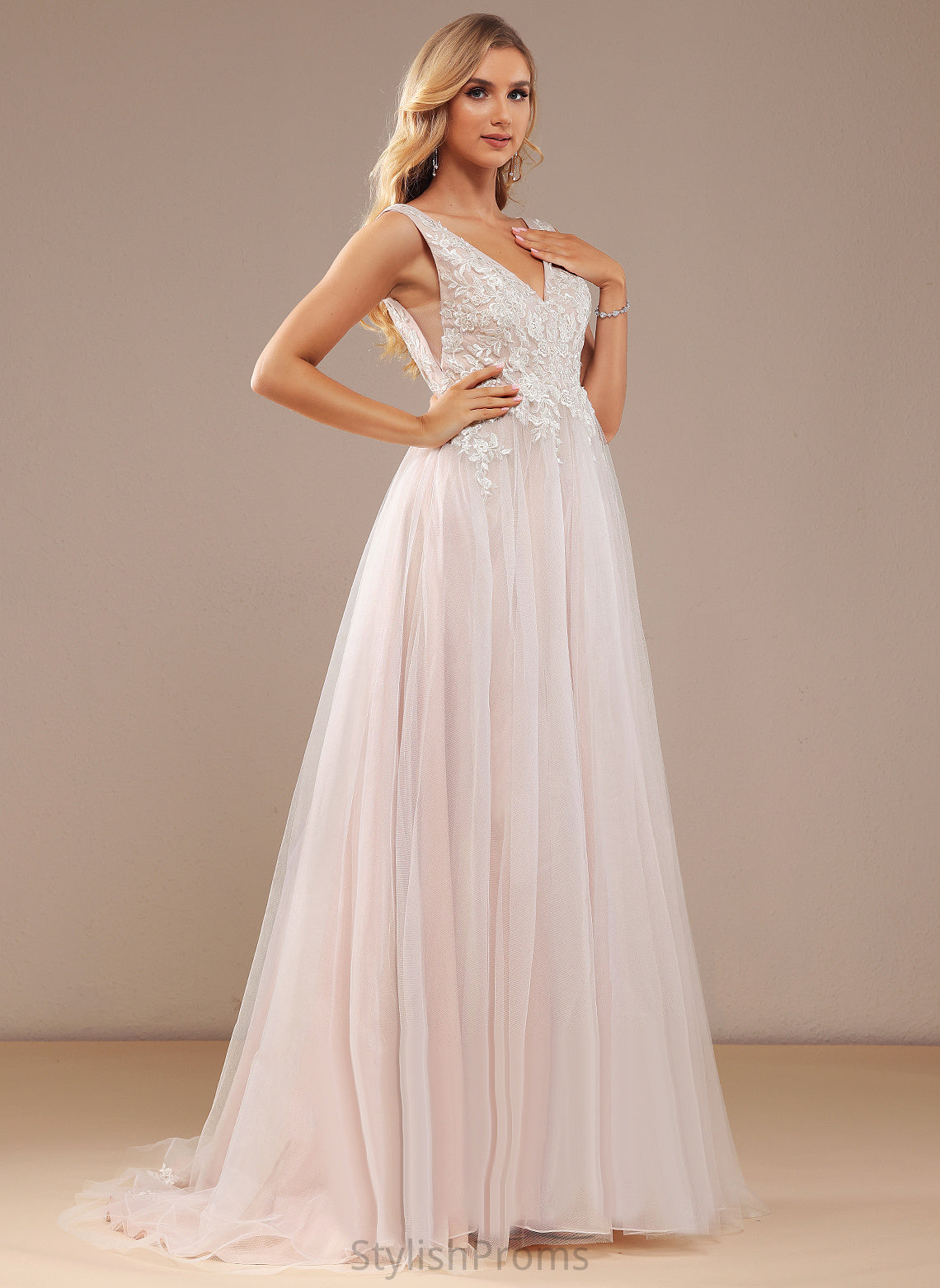 V-neck Wedding Dresses Tulle Dress Lace Sweep Wedding Lace With Train Keely Ball-Gown/Princess