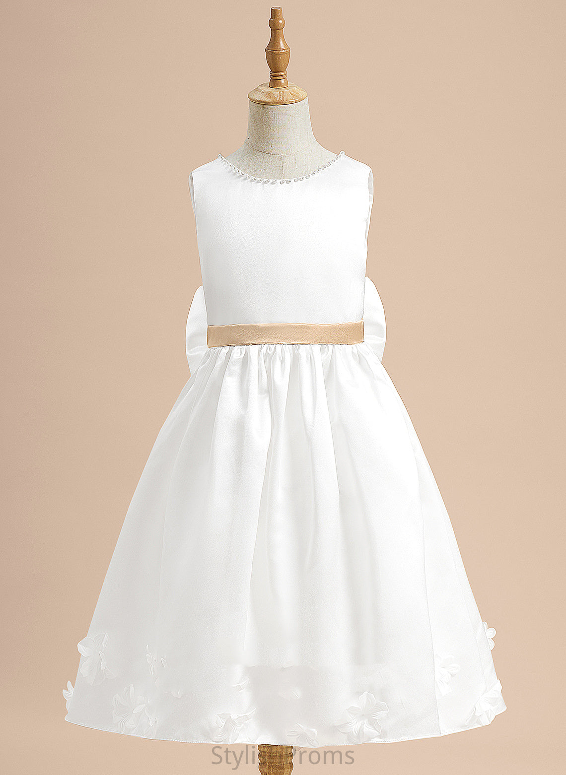 Girl Sash/Beading/Flower(s)/Bow(s) Flower Sleeveless Joyce With Flower Girl Dresses - A-Line Satin Scoop Tea-length Neck Dress