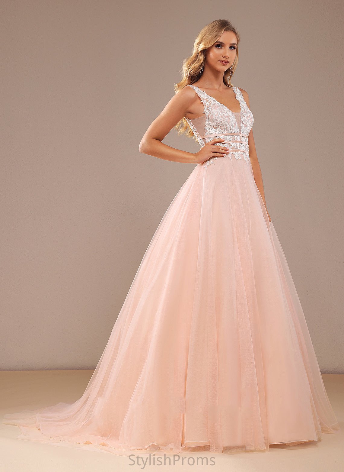 Ball-Gown/Princess V-neck Wedding Dresses Tulle Court Dress Train With Sequins Elianna Lace Lace Wedding