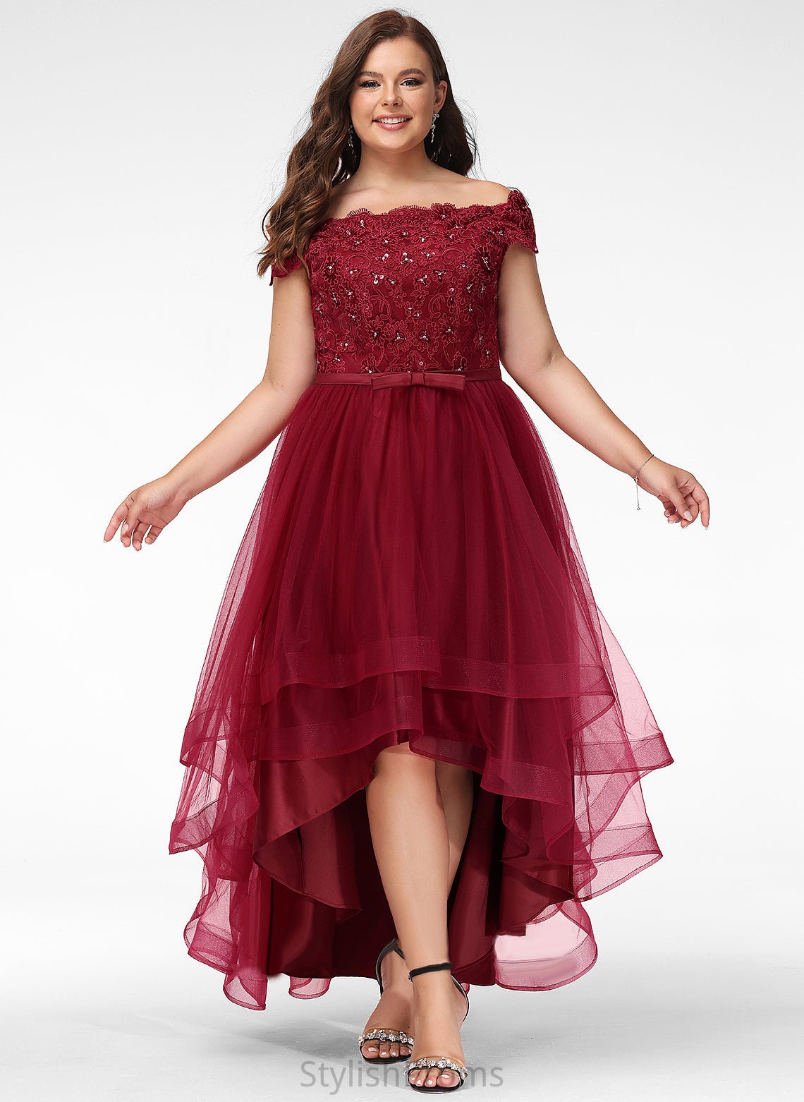 Sequins Off-the-Shoulder A-Line Dress With Wedding Asymmetrical Tulle Beading Bow(s) Wedding Dresses Jackie Lace