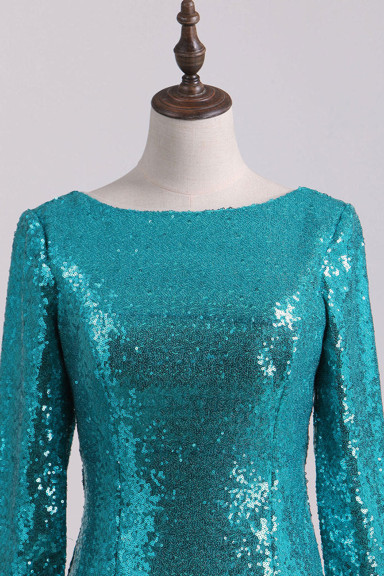 2024 Sexy Open Back Long Sleeve Prom Dresses Sequins Mermaid Sweep Train