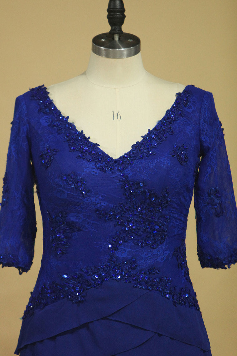 2024 Dark Royal Blue Mother Of The Bride Dresses Chiffon V Neck With 3/4 Length Sleeves