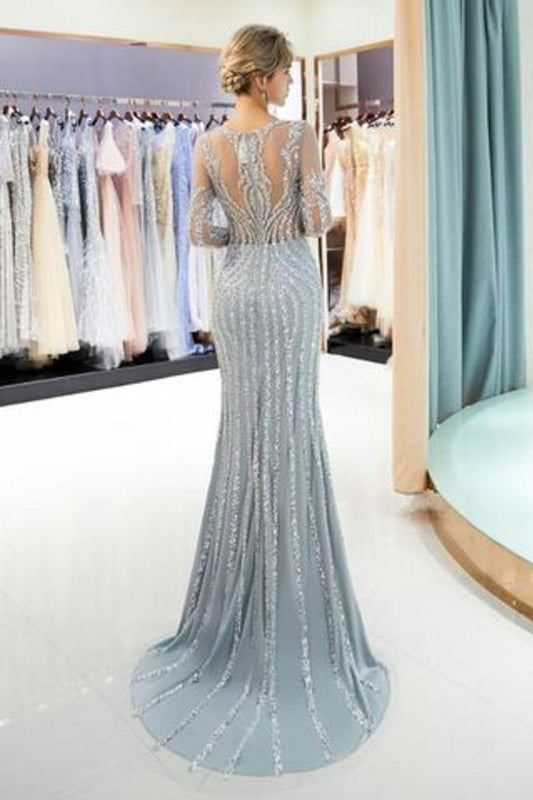 Beaded Evening Dresses Luxury Mermaid Crystal Sweep Train Long Sleeves Prom Dress