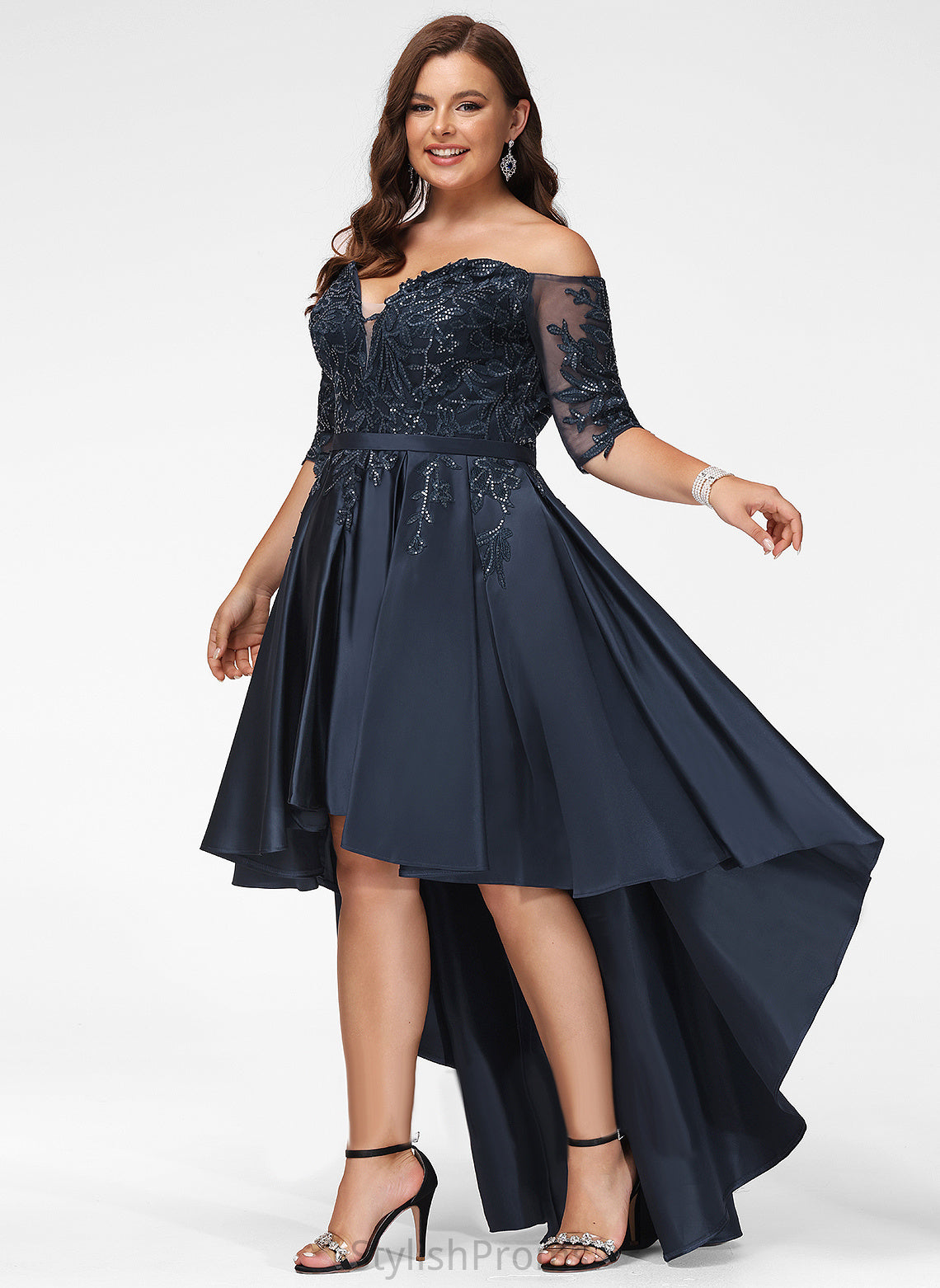 Satin Off-the-Shoulder Asymmetrical A-Line Lace Amaya Prom Dresses