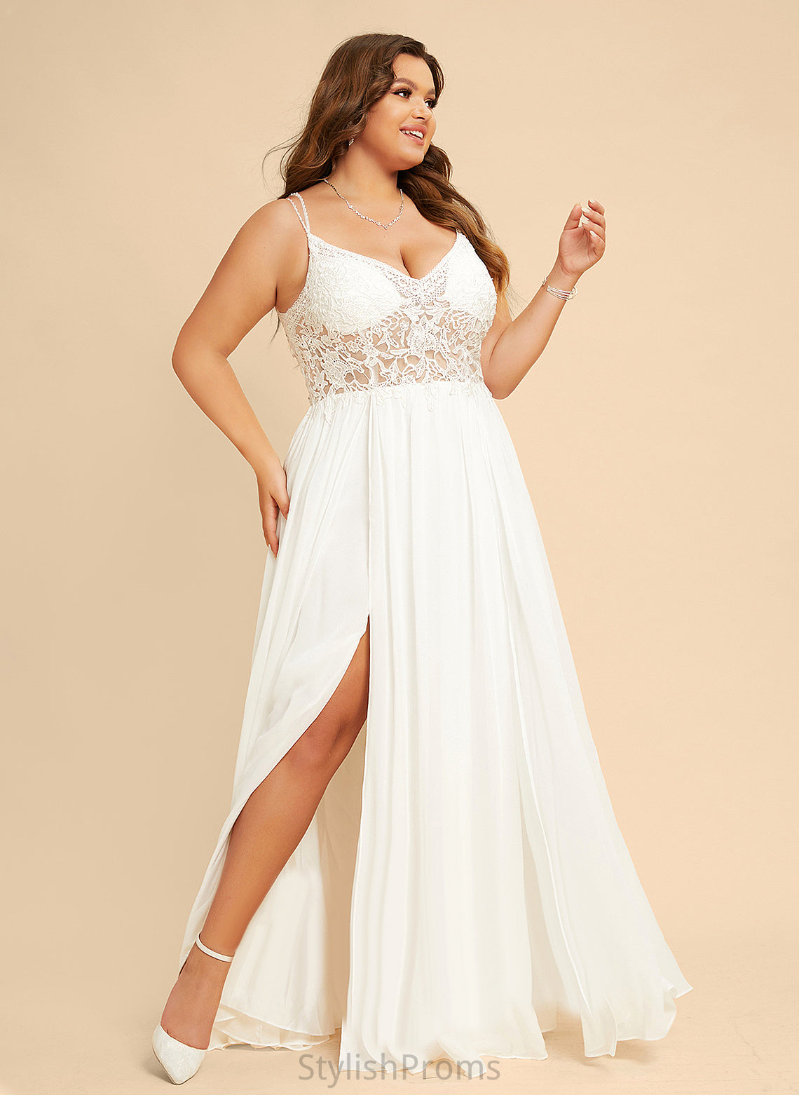 With Beading V-neck Lace A-Line Chiffon Tia Floor-Length Wedding Wedding Dresses Dress