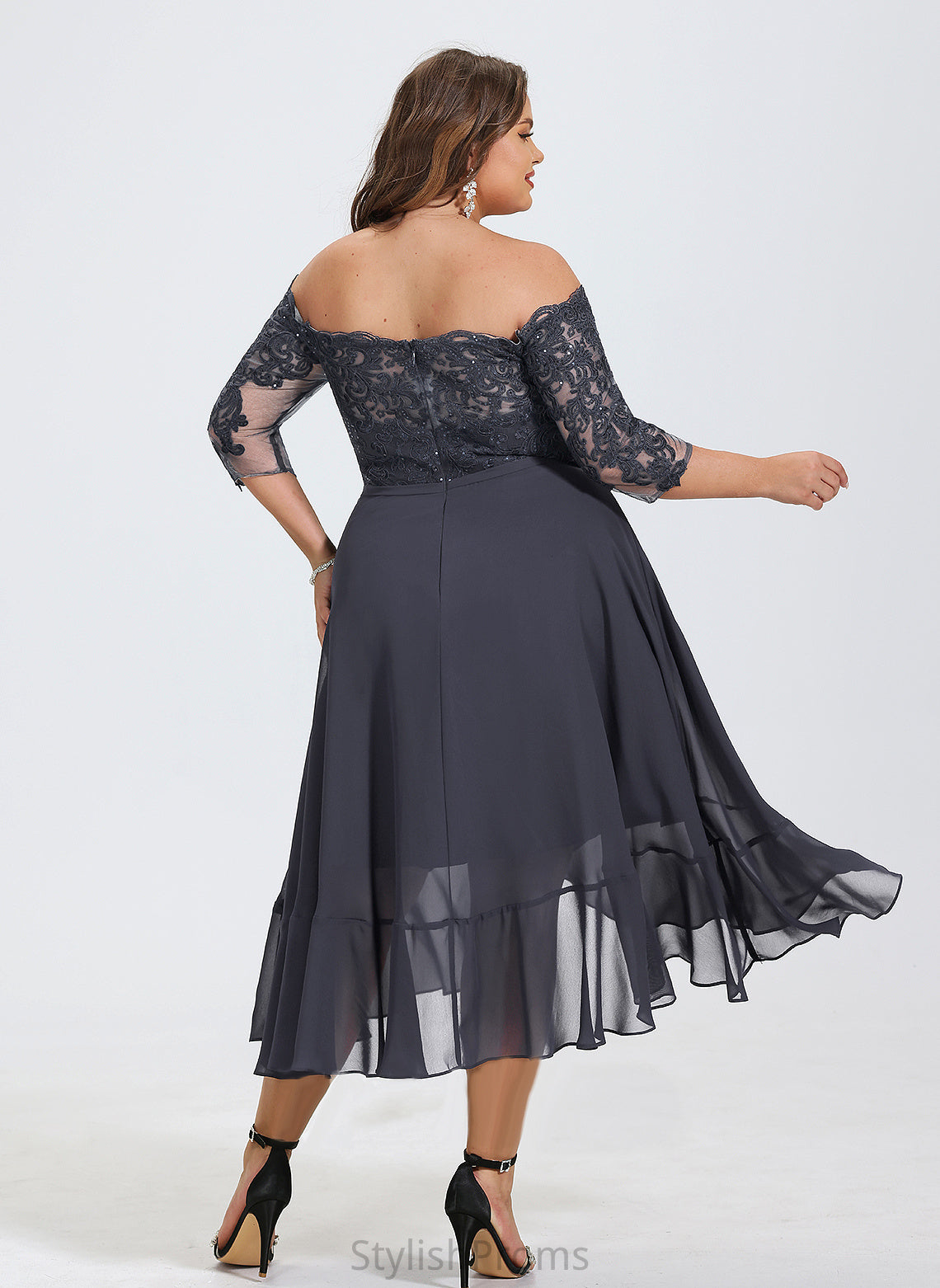 Asymmetrical A-Line Sequins Chiffon Cocktail Lace Dress Stephany Off-the-Shoulder With Cocktail Dresses