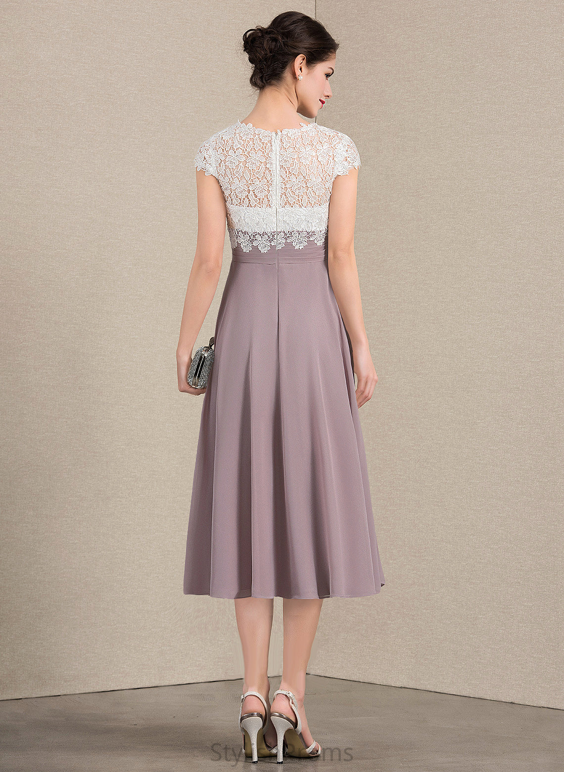 Cocktail V-neck Dress Tea-Length Briana Lace Cocktail Dresses A-Line Chiffon