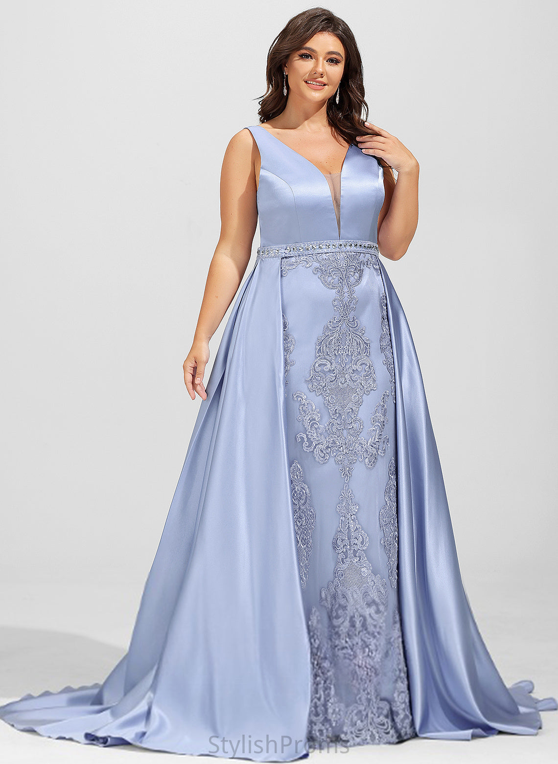 Satin Holly Sweep Beading Prom Dresses Sequins With V-neck Lace Sheath/Column Train