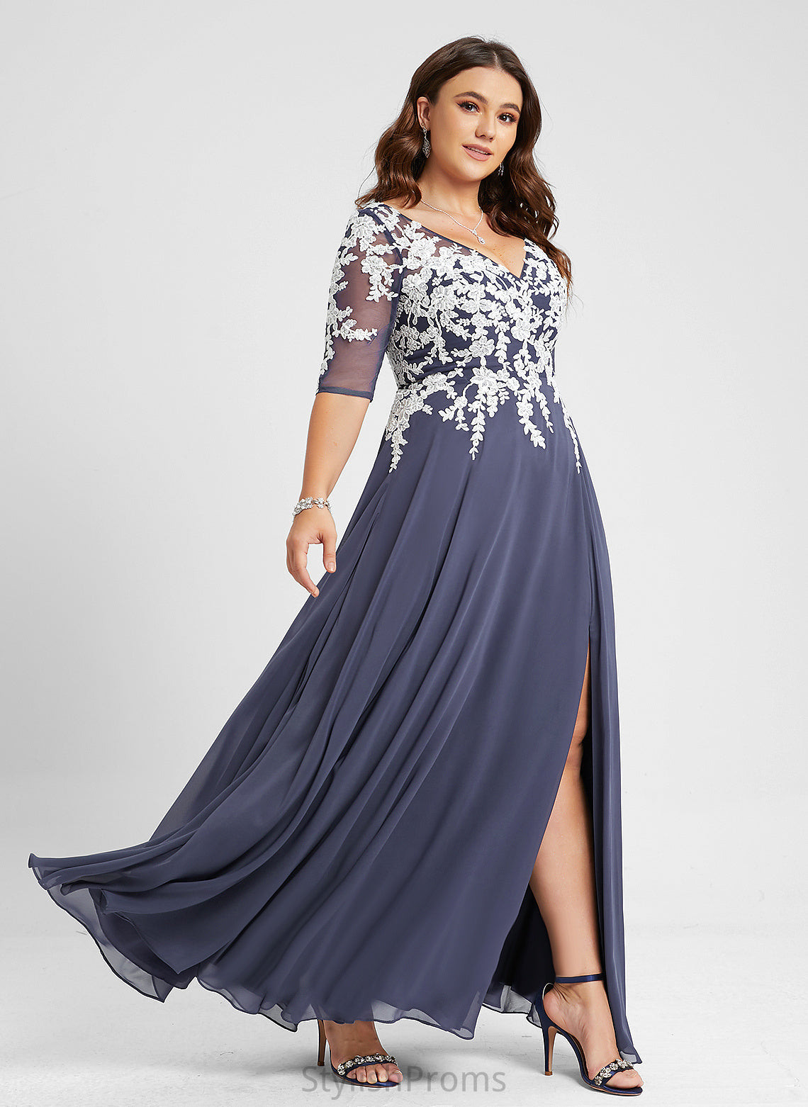 With Naomi Lace Floor-Length Chiffon Sequins A-Line V-neck Prom Dresses