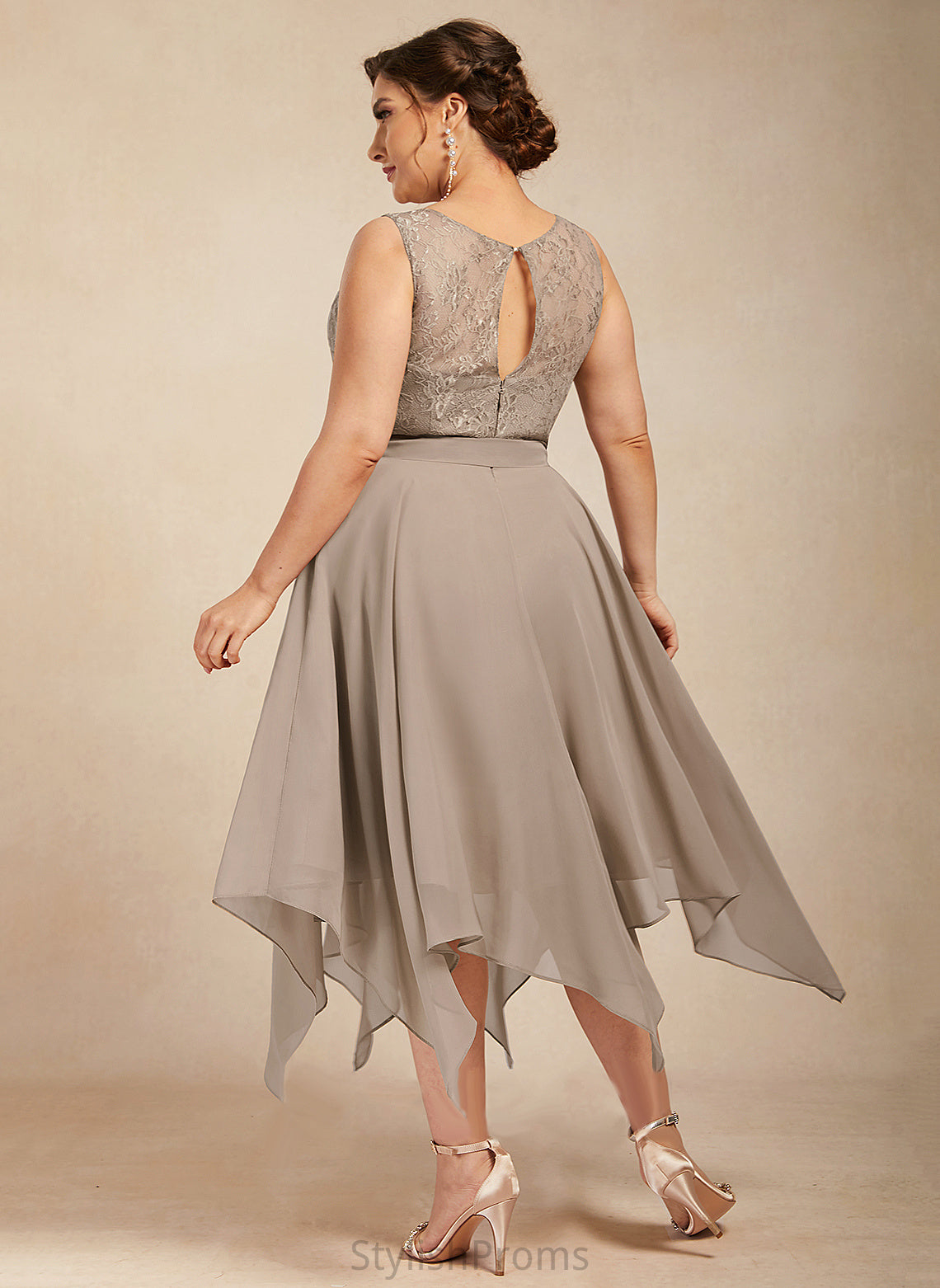 Chiffon Neck Asia Tea-Length Cocktail Dresses Bow(s) Scoop Dress Cocktail A-Line With Lace