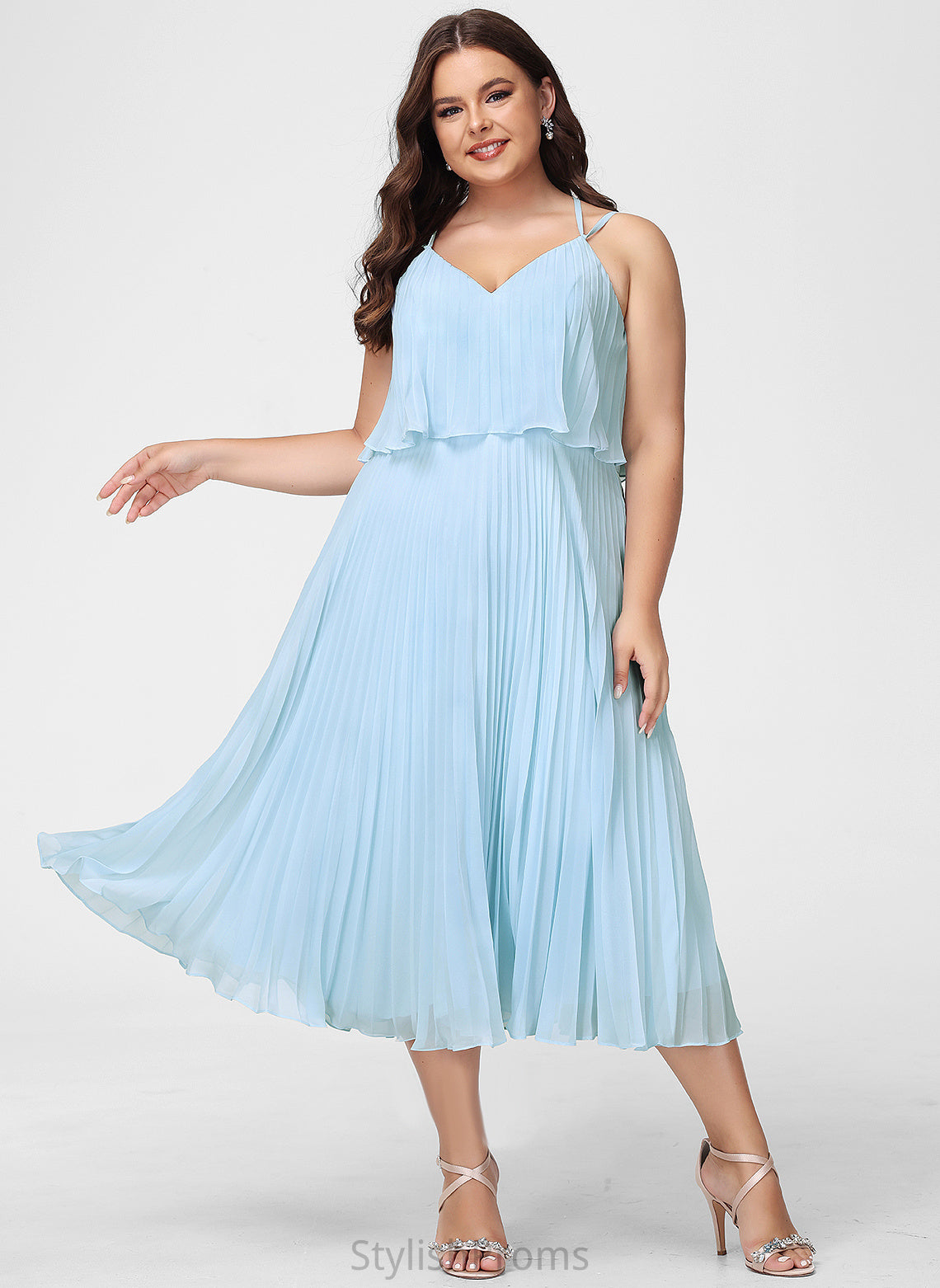 V-neck Dress A-Line Cocktail Dresses With Pleated Tea-Length Cocktail Charlotte Chiffon