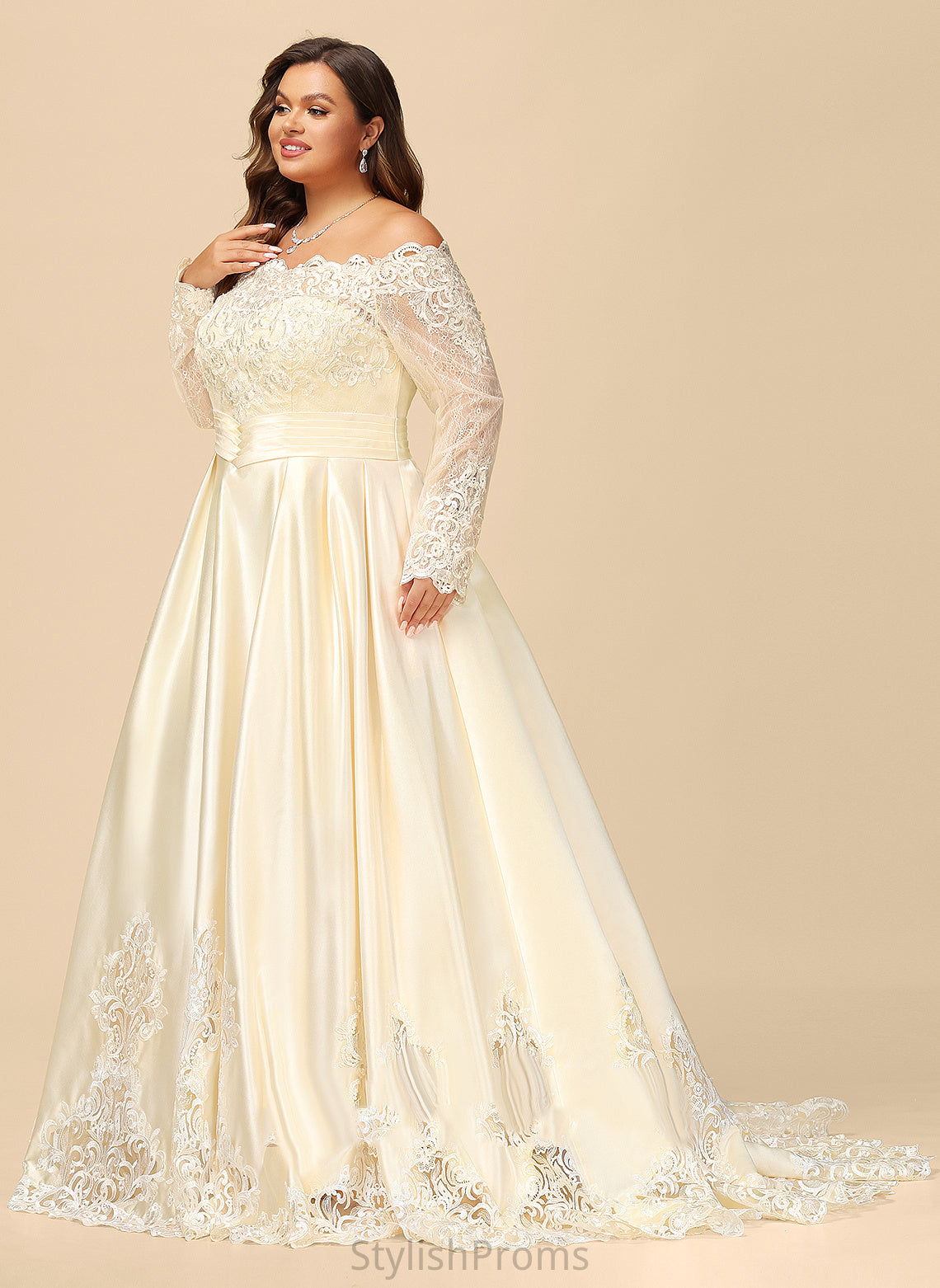 Beading Sequins Dress Wedding Dresses Sweep Wedding Satin Ball-Gown/Princess Abigayle Train Off-the-Shoulder With Lace